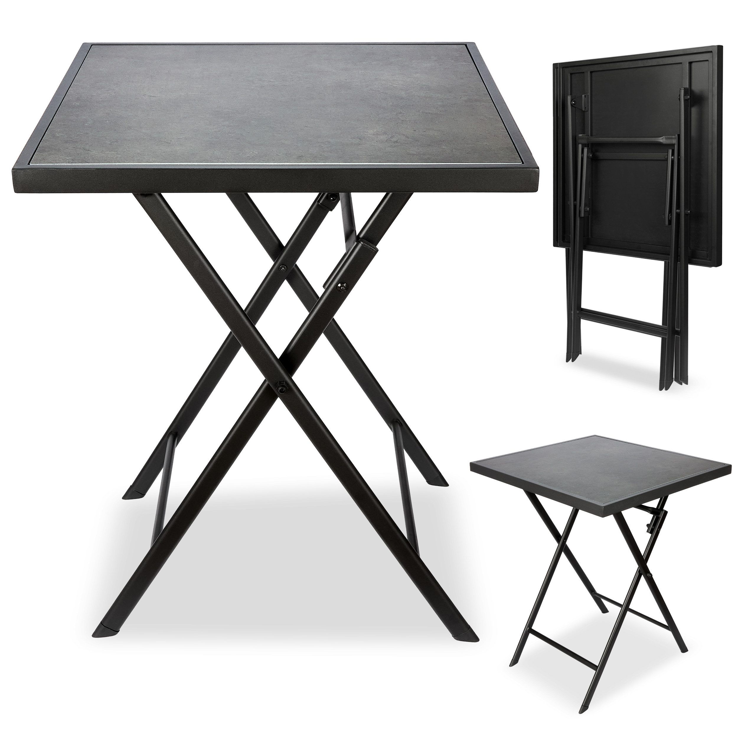 BRUBAKER Gartentisch Bergamo - 58 x 58 cm Balkontisch wetterfest (1-St., Campingtisch eckig mit Stein Optik - Klapptisch für Balkon, Terrasse), Metall Beistelltisch klappbar - Bistrotisch