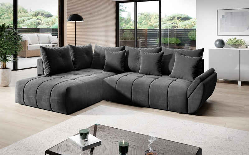 Furnix Ecksofa KORDELIA Polstercouch ausziehbar L-Form Bettkasten und Kissen, DL Automat, BxTxH 266x190x71/91 cm, robust & bequem