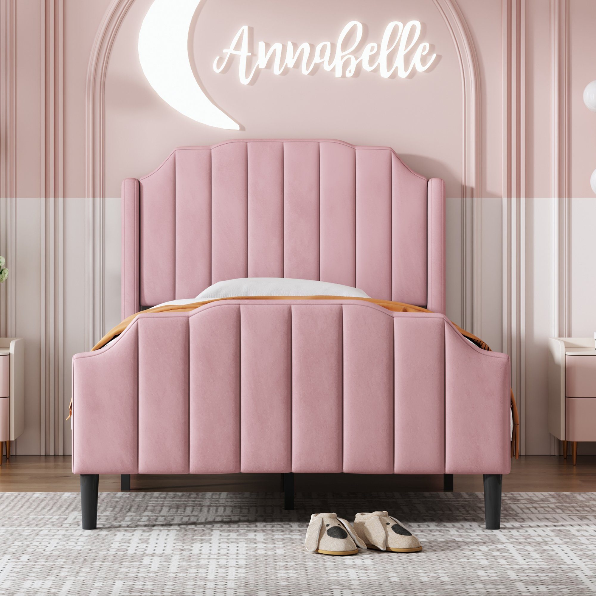 Polsterbett (Einzelbett 90 x 200 cm mit Kopfteil und Lattenrost), Jugendbett mit Gepolstertes Kopfteil, Bezug aus Samt