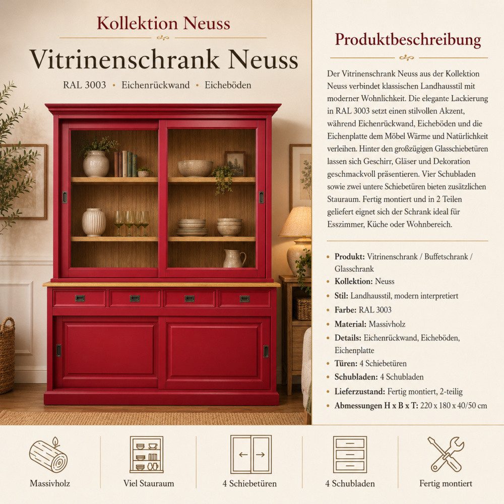 Wohnpalast Vitrine Landhaus Vitrinen Schrank Neuss 180 cm Rot mit Eichenrückwand