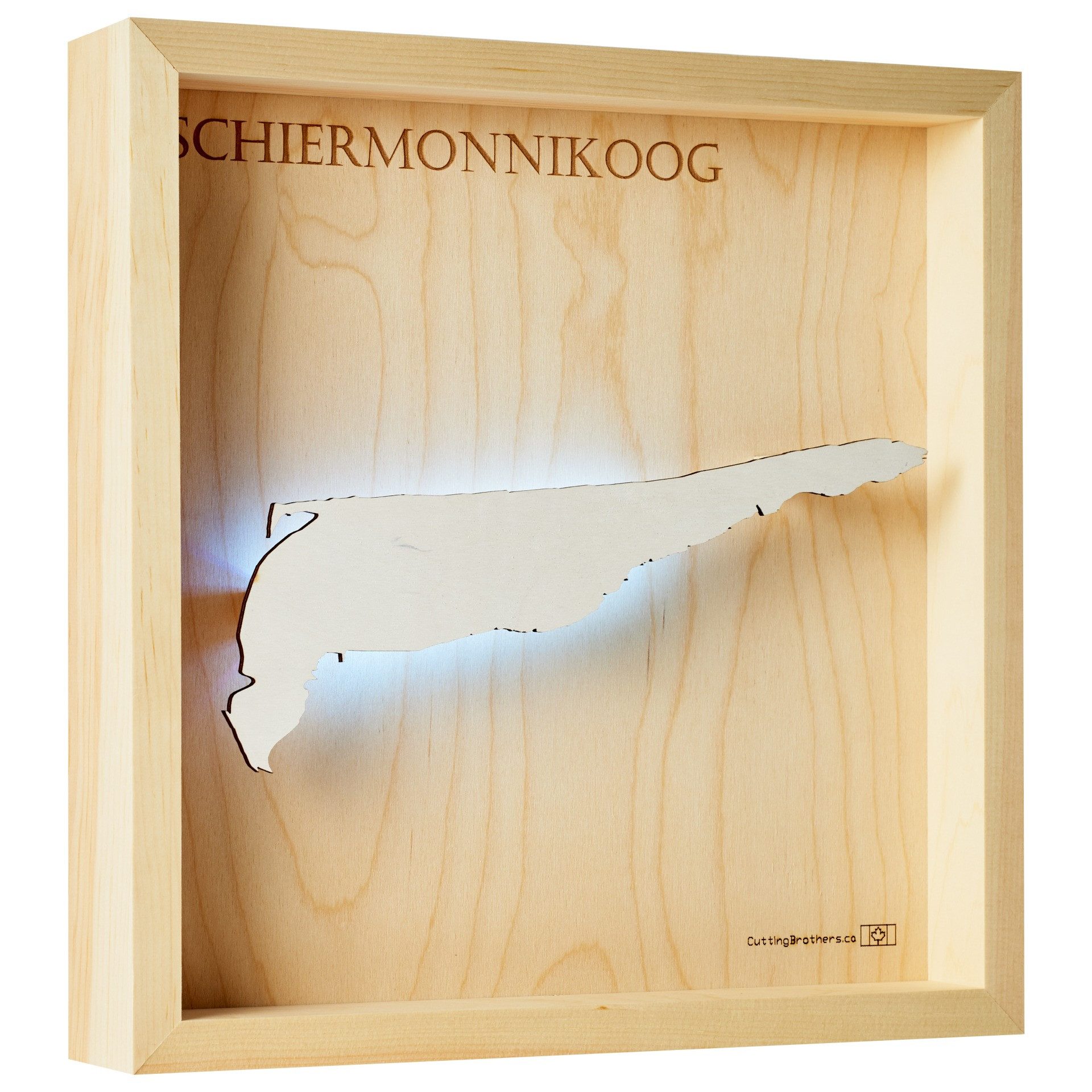 Cutting Brothers LED-Bild Schiermonnikoog 35x35 cm, LED-Holz-Wandkarte, mit indirekter Beleuchtung, handgefertigt aus Echtholz
