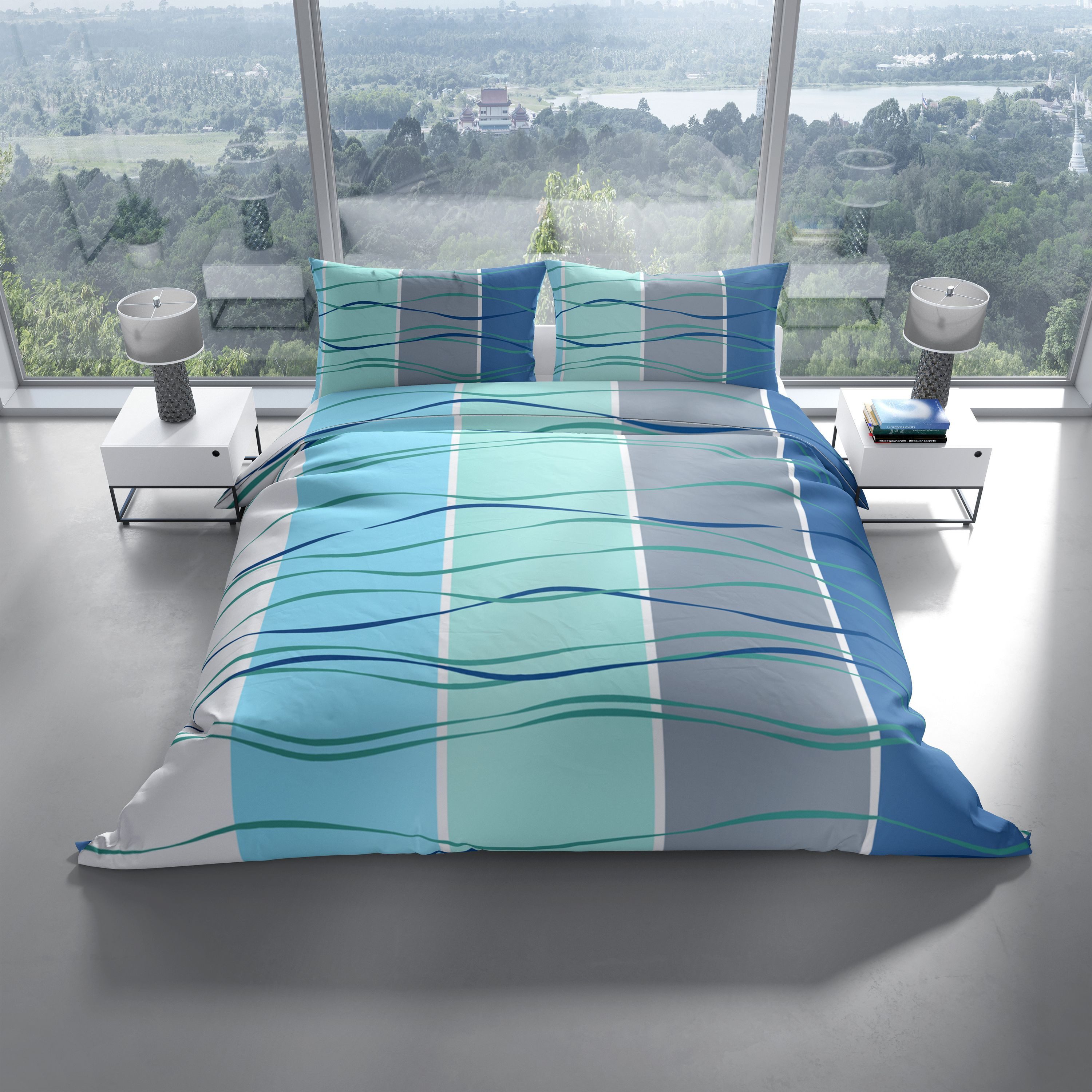 Leonado Vicenti Bettwäsche Allergiker geeignet 135x200 oder 155x220, Microfaser, 2 teilig, Wellen gestreift Türkis Blau