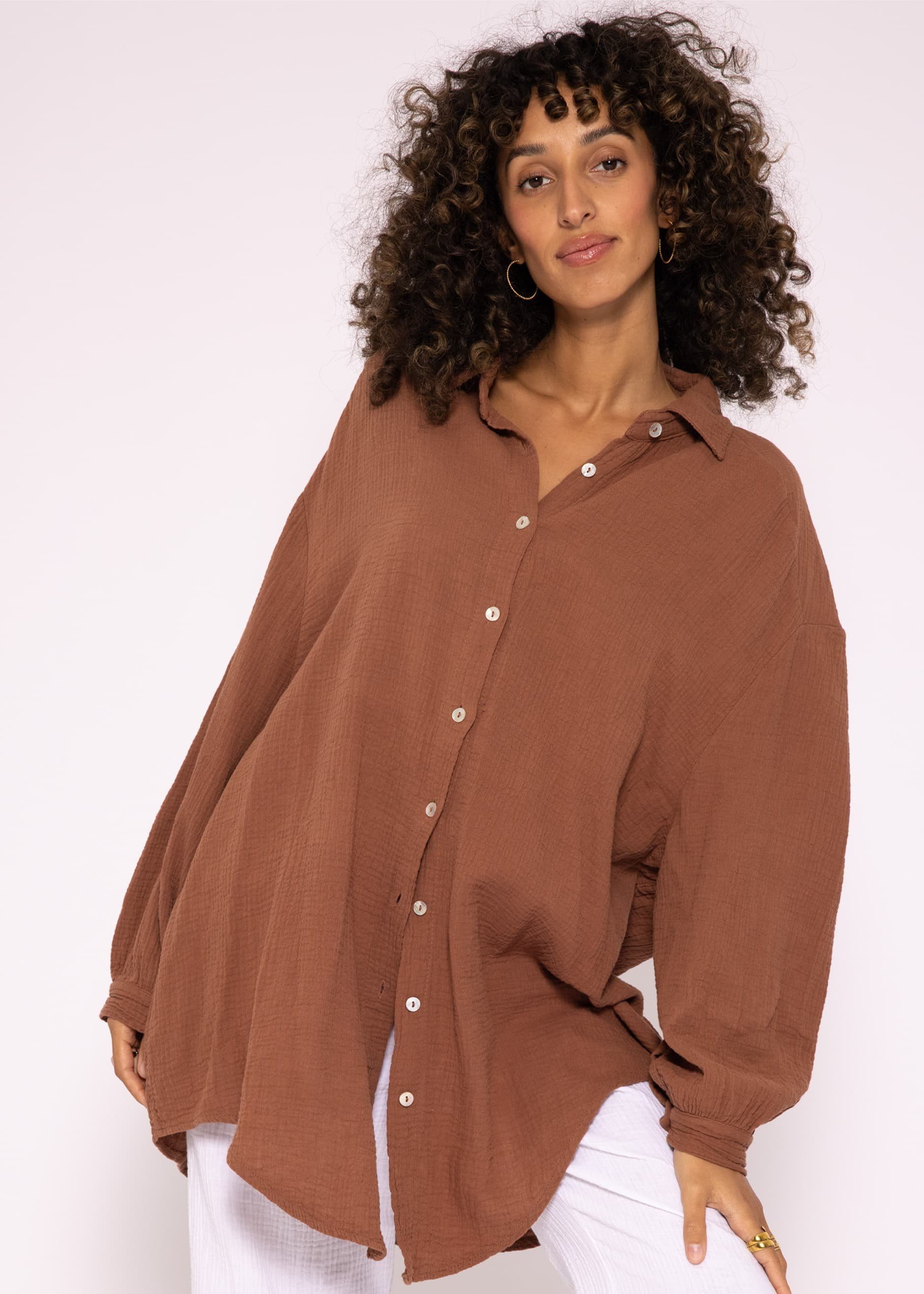 36-48) SASSYCLASSY aus V-Ausschnitt, Baumwolle mit Bluse lang Size One Musselin Hemdbluse Longbluse Oversize (Gr. Langarm Cafelatte Damen