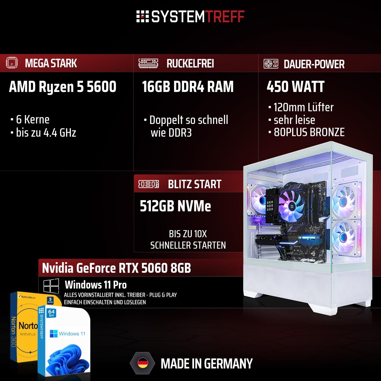 SYSTEMTREFF AMD Ryzen 5 5600 mit Nvidia GeForce RTX 5060 8GB Gaming-PC (AMD 5600 5600, Nvidia GeForce RTX 5060, 16 GB RAM, 512 GB SSD, Luftkühlung)