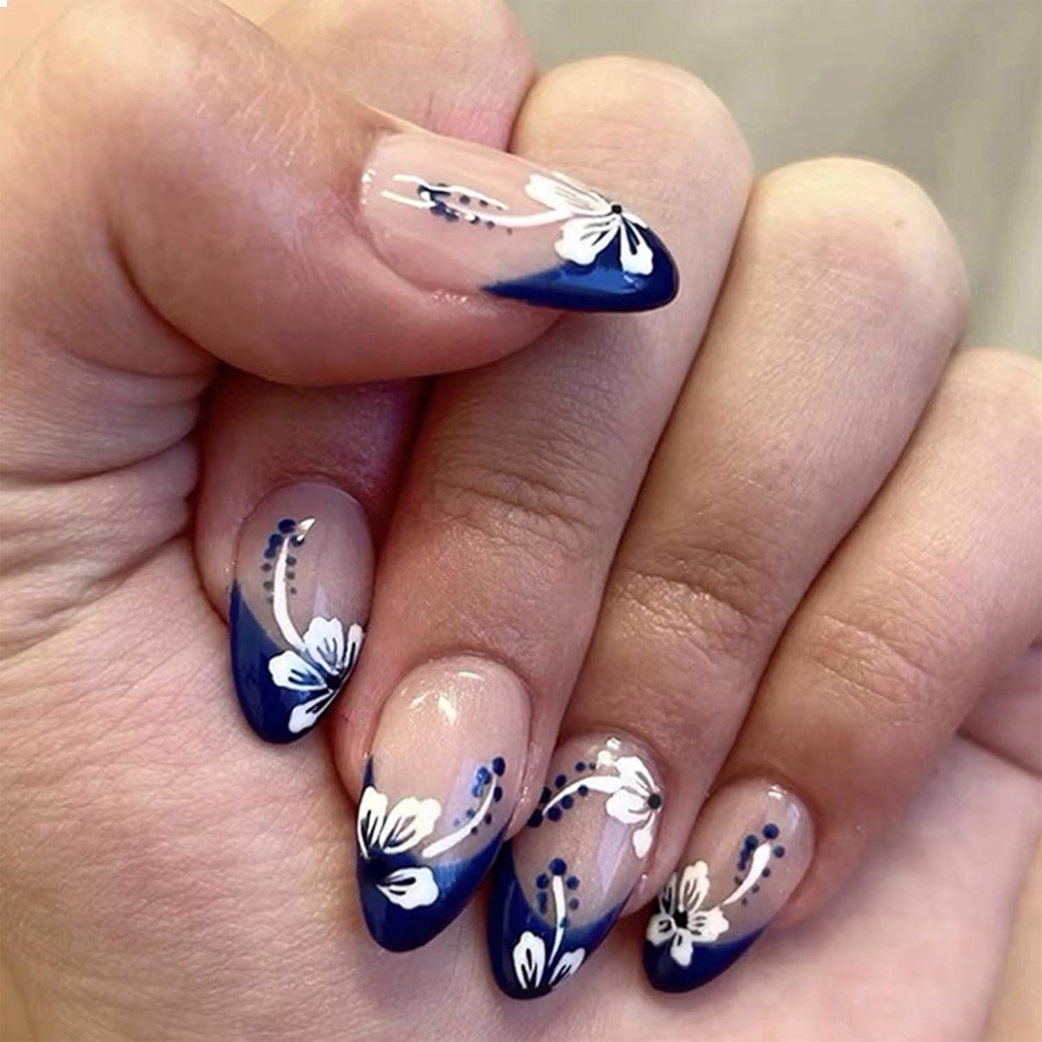 Kunstfingernägel 24 Stück French Nails Pink Nüdescht Acryl Nägel mit Blumen Designs