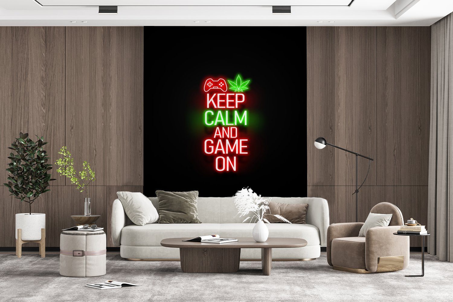 Text, und Montagefertig bewahren Wohnzimmer, bedruckt, Gaming Vinyl Wandtapete Neon MuchoWow für (4 Rot - Fototapete - St), - weiterspielen - Ruhe Matt, Tapete