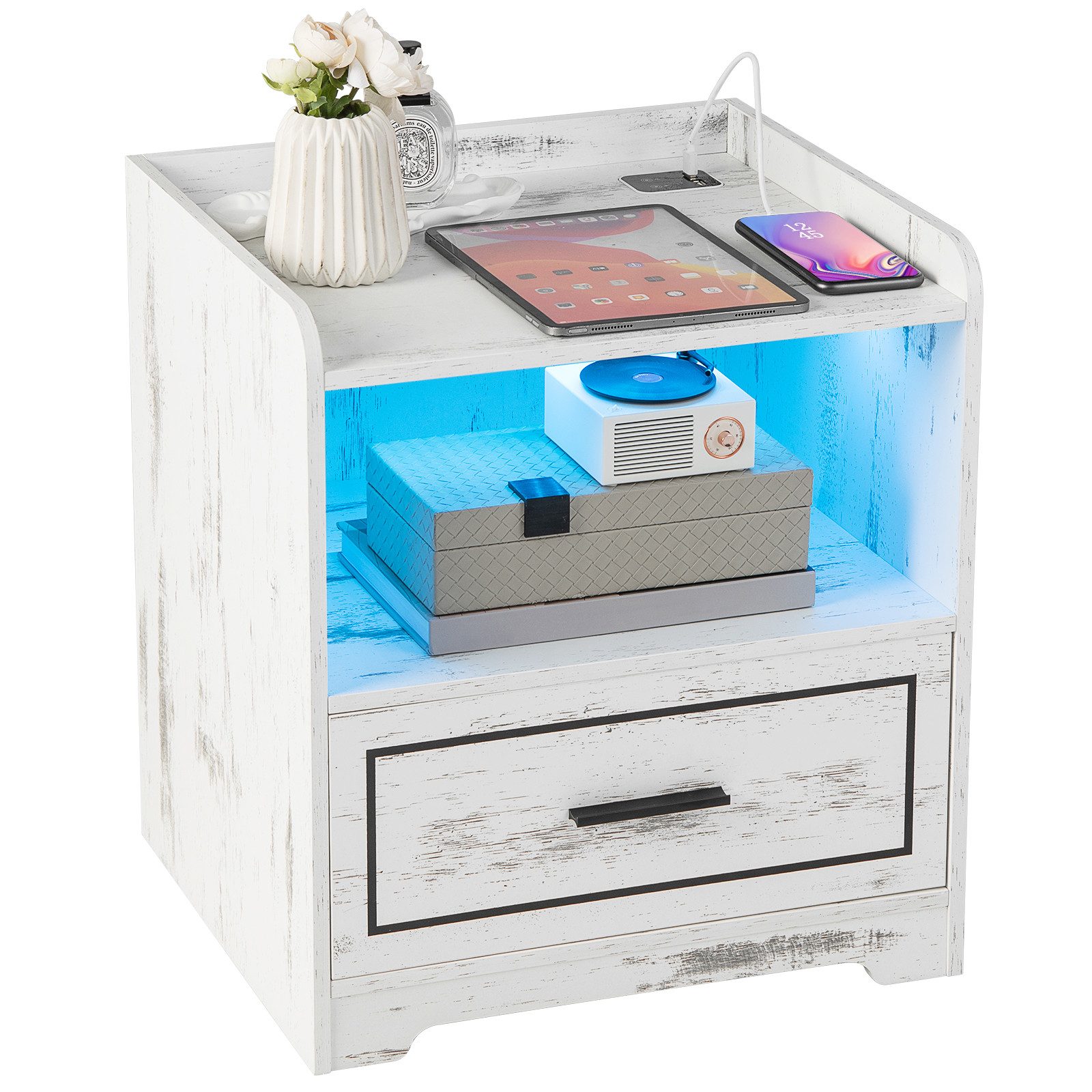 COSTWAY Nachttisch (1-St), LED, 3 Farben, mit Schublade & USB-Anschluss, Holz, weiß