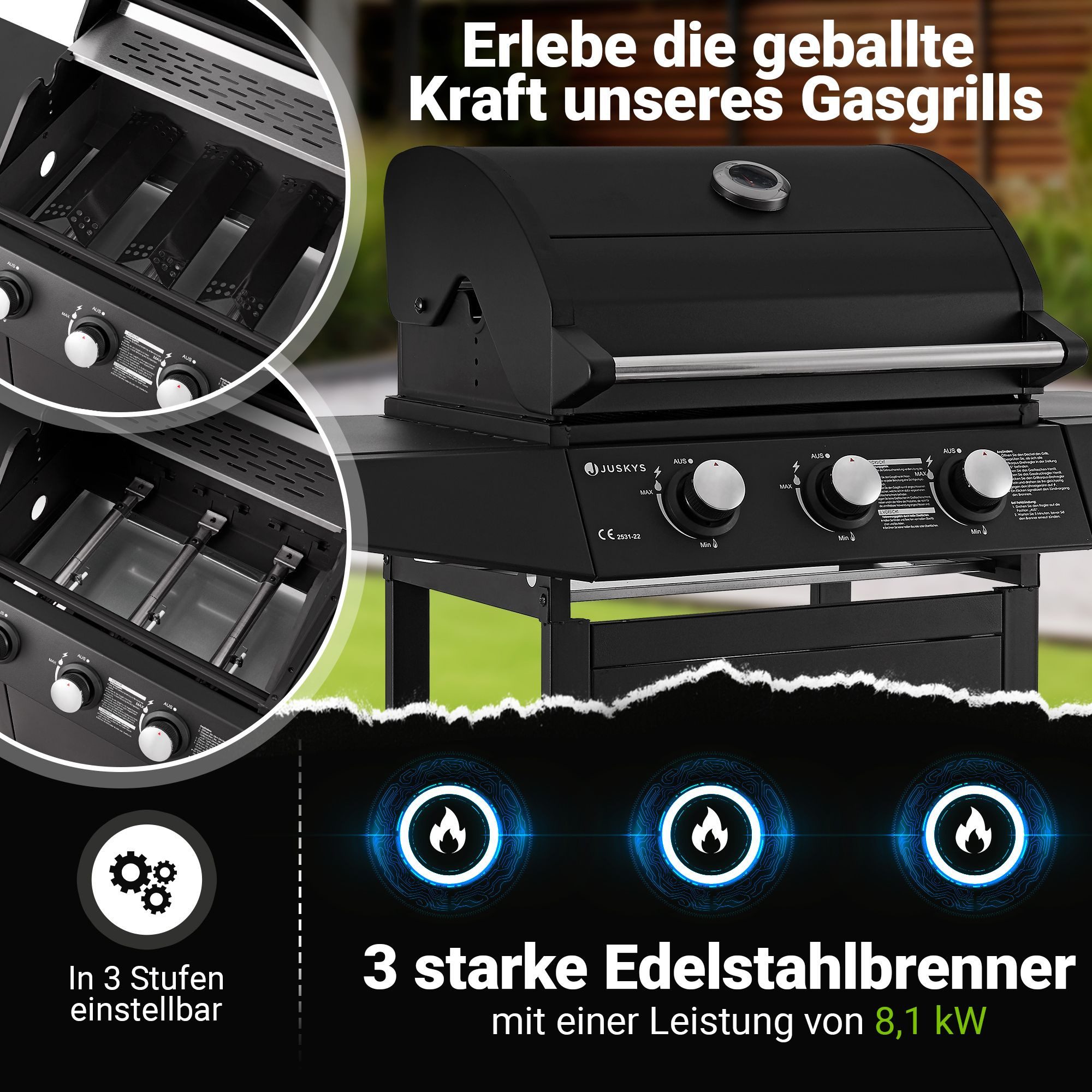 Juskys Gasgrill Louisiana, 3 Brenner, 8,1 kW, emaillierter Rost, Thermometer, Seitenablagen