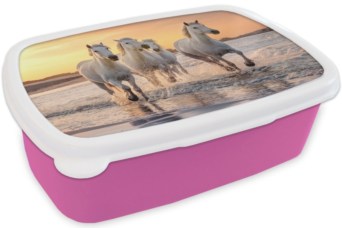 MuchoWow Lunchbox Pferde für - - (2-tlg), Mädchen, Kinder, Tiere, Brotdose Erwachsene, Kunststoff, Meer Kunststoff Snackbox, - rosa Sonne Strand Brotbox 