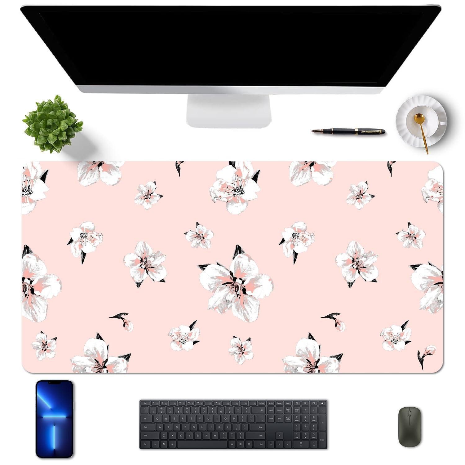 LuxusKollektion Schreibtischunterlage Schreibtischunterlage 80x40cm Blumen Rosa/Weiss in Lederoptik