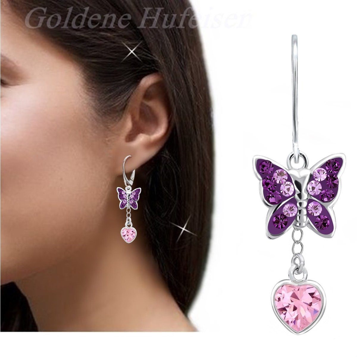 Goldene Hufeisen Paar Ohrhänger Schmetterling mit Rosa Herz Zirkonia Ohrringe 925 Silber (1 Paar, inkl. Etui), Handgefertigt