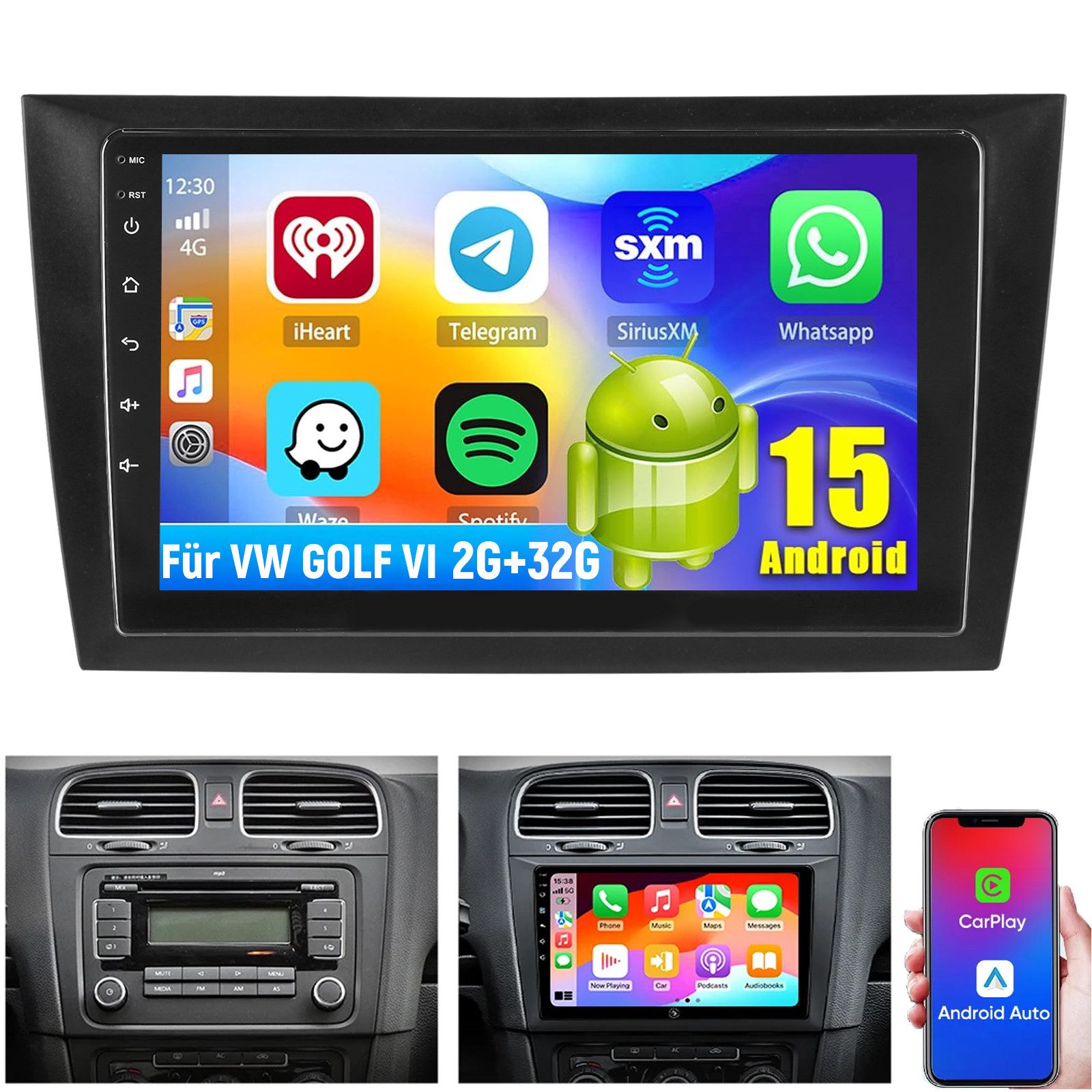 ESSGOO 9" Android 15 Für VW GOLF VI 2008-12 Carplay 64/128G Autoradio WIFI BT Autoradio (RDS, 4+64GB(optional), FM, AM, DAB+ (optional), Carplay Android Auto Bluetooth EQ USB GPS Navi WIFI Touchscreen)