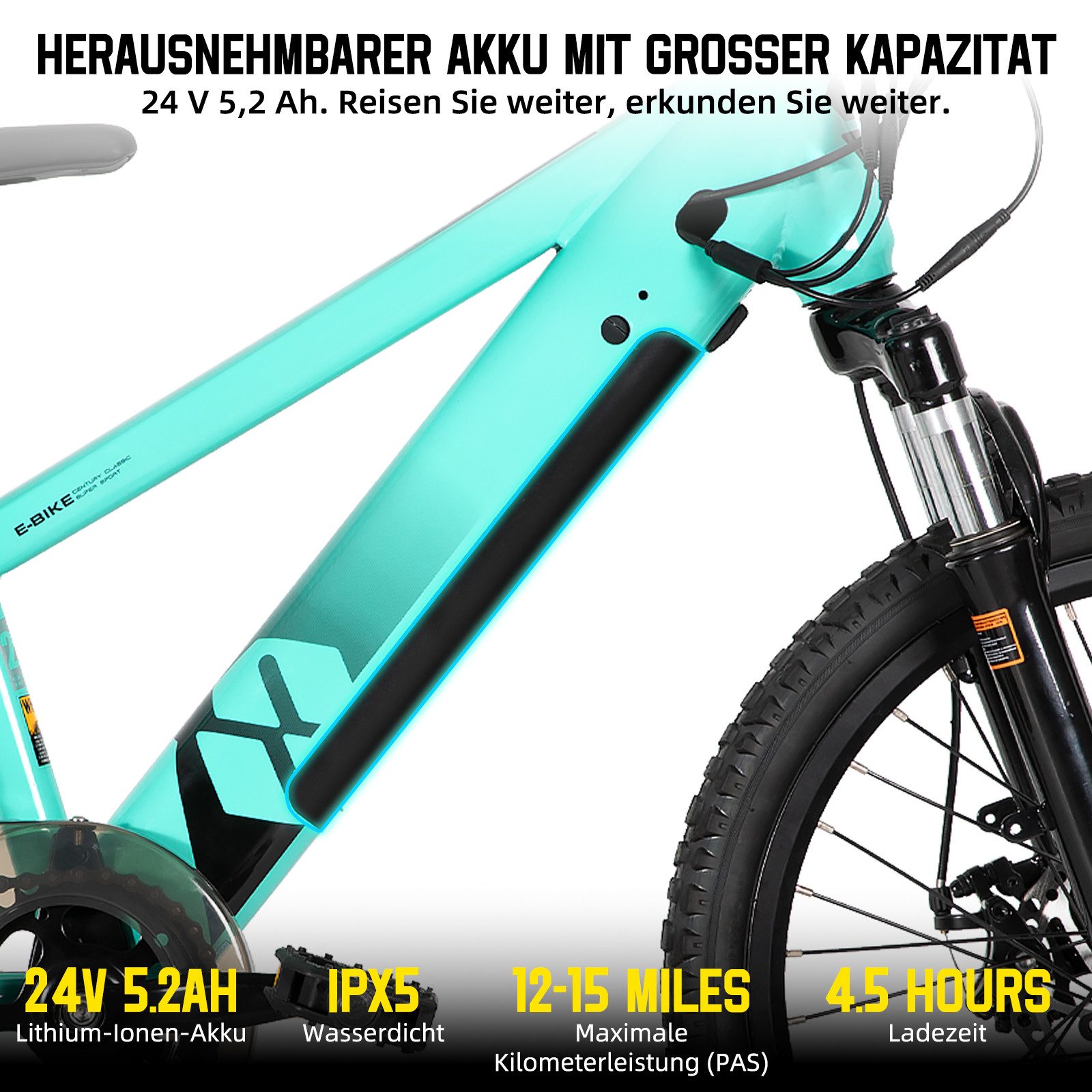HILAND E-Bike 20 Zoll E-Mountainbike 24V 250W, Akku entnehmbar, Kinder & Erwachsene, Heckmotor, 124,8 Wh