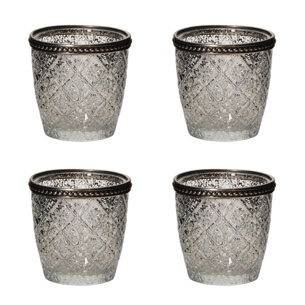 Posiwio Teelichthalter 4tlg. Windlicht BLÜTE silber grau aus Reliefglas mit Metallrand Teelichthalter. € 15,95