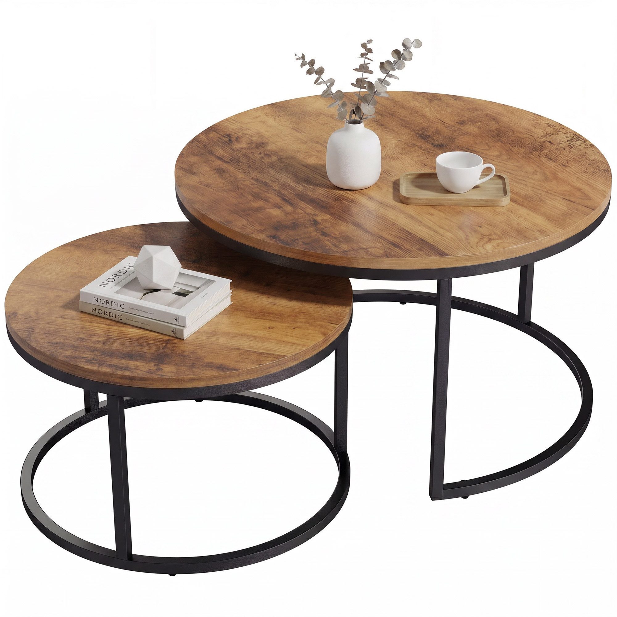 HOMCOM Couchtisch Runde Beistelltisch Kaffeetisch im Industrie-Stil mit Metallgestell (Set, 2-St., 2er-Set), für Wohnzimmer, Schlafzimmer, 60 x 60 x 45 cm, Braun