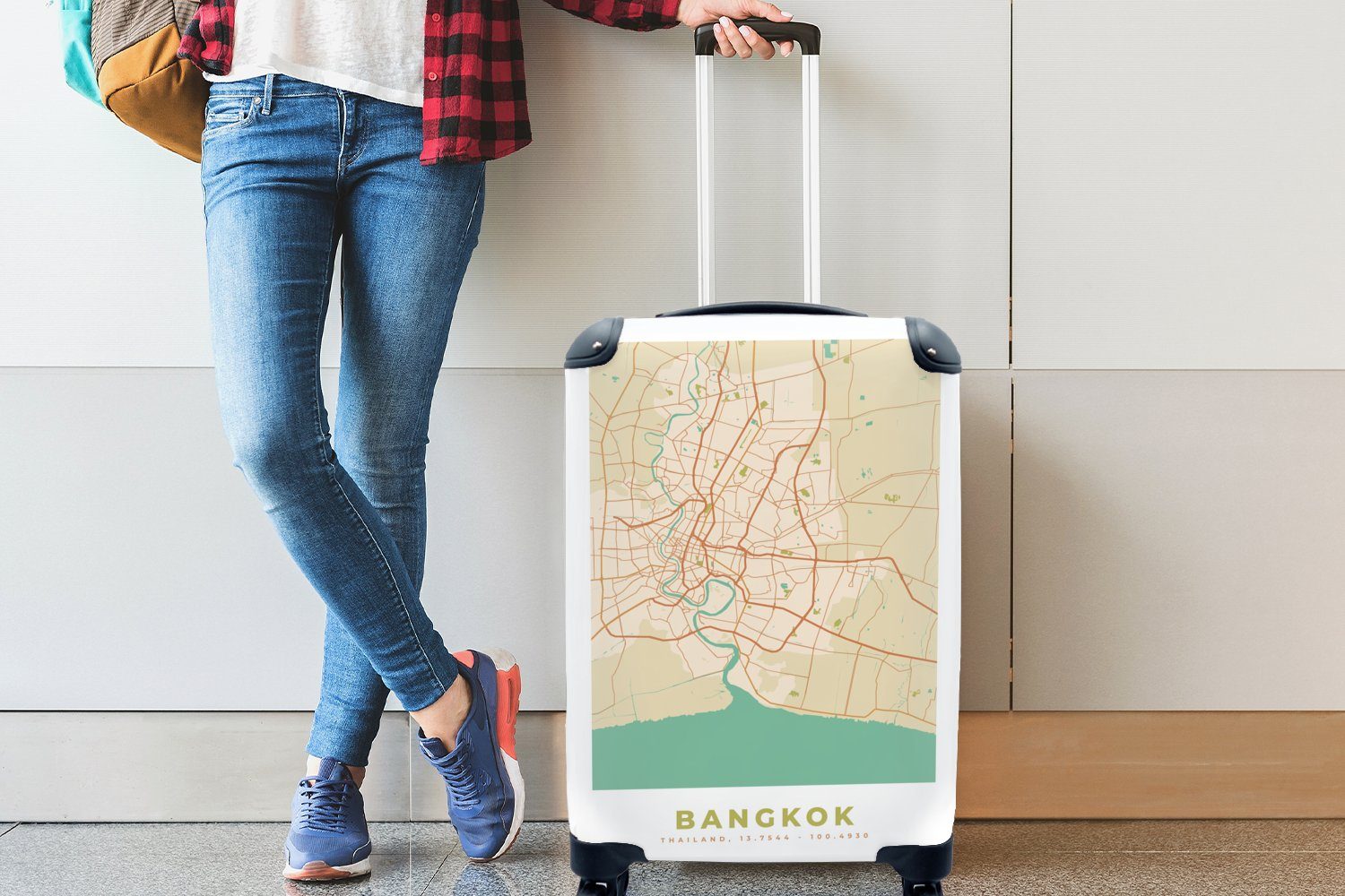 MuchoWow Handgepäckkoffer Bangkok Reisekoffer Reisetasche 4 - - Handgepäck Karte für rollen, Vintage Trolley, Stadtplan, mit - Ferien, Rollen