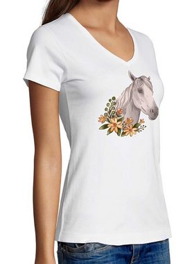 MyDesign24 T-Shirt Damen Pferde Print Shirt - Weißes Pferd mit Blumenkranz V-Ausschnitt Baumwollshirt mit Aufdruck Slim Fit, i178