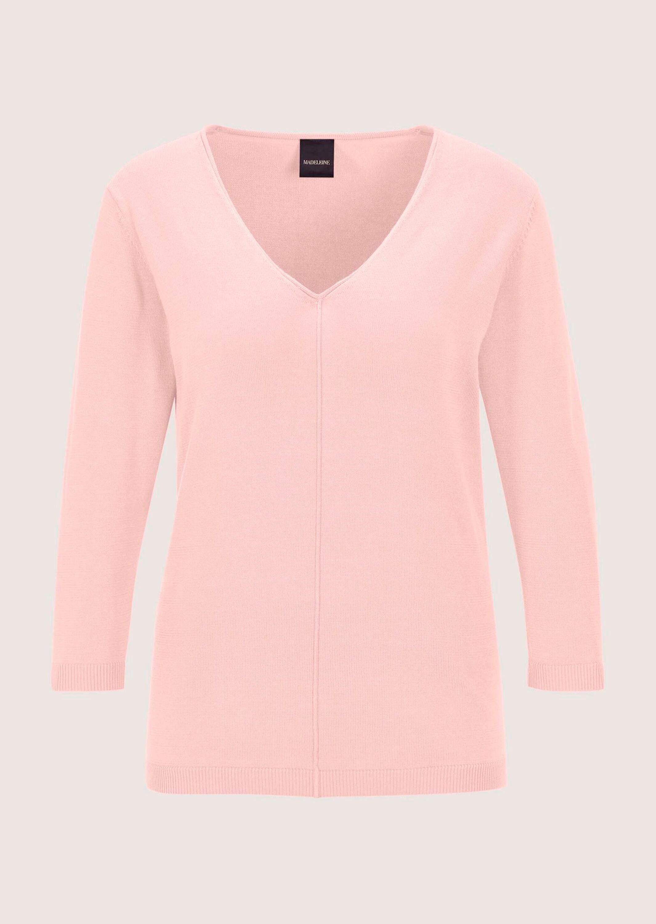 MADELEINE Strickpullover Schlichter Baumwollpullover mit V-Ausschnitt Basicshirt mit Ziernaht, Rippenblenden und Langarm
