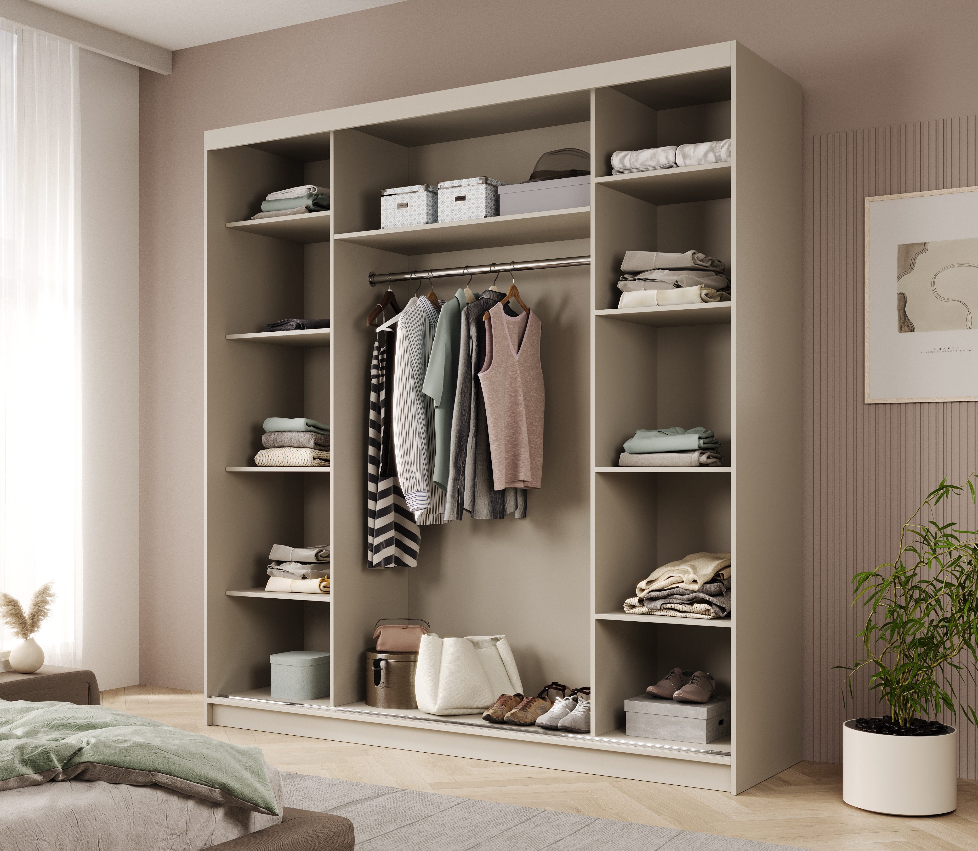MOEBLO Schiebetürenschrank Tagra 200 (3 Türen, 11 Einlegeböden, Kleiderstange, Laminat, Modernes Design, Schwebetürenschrank Schrank Garderobe Schiebtüren Schlafzimmer) (BxHxT): 200x215x58cm