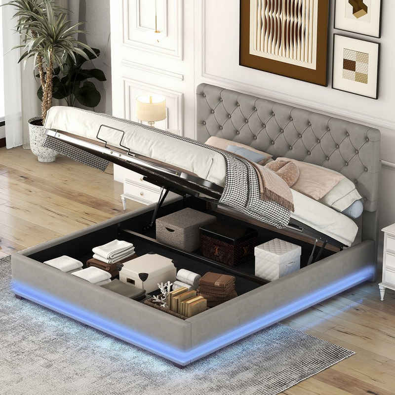 REDOM Polsterbett Doppelbett mit LED in diversen Farben (Stauraumbett mit Hydraulisch, Bettkasten & Lattenrost-Bezug, Verstellbares Kopfteil,Grau, 140x200cm)
