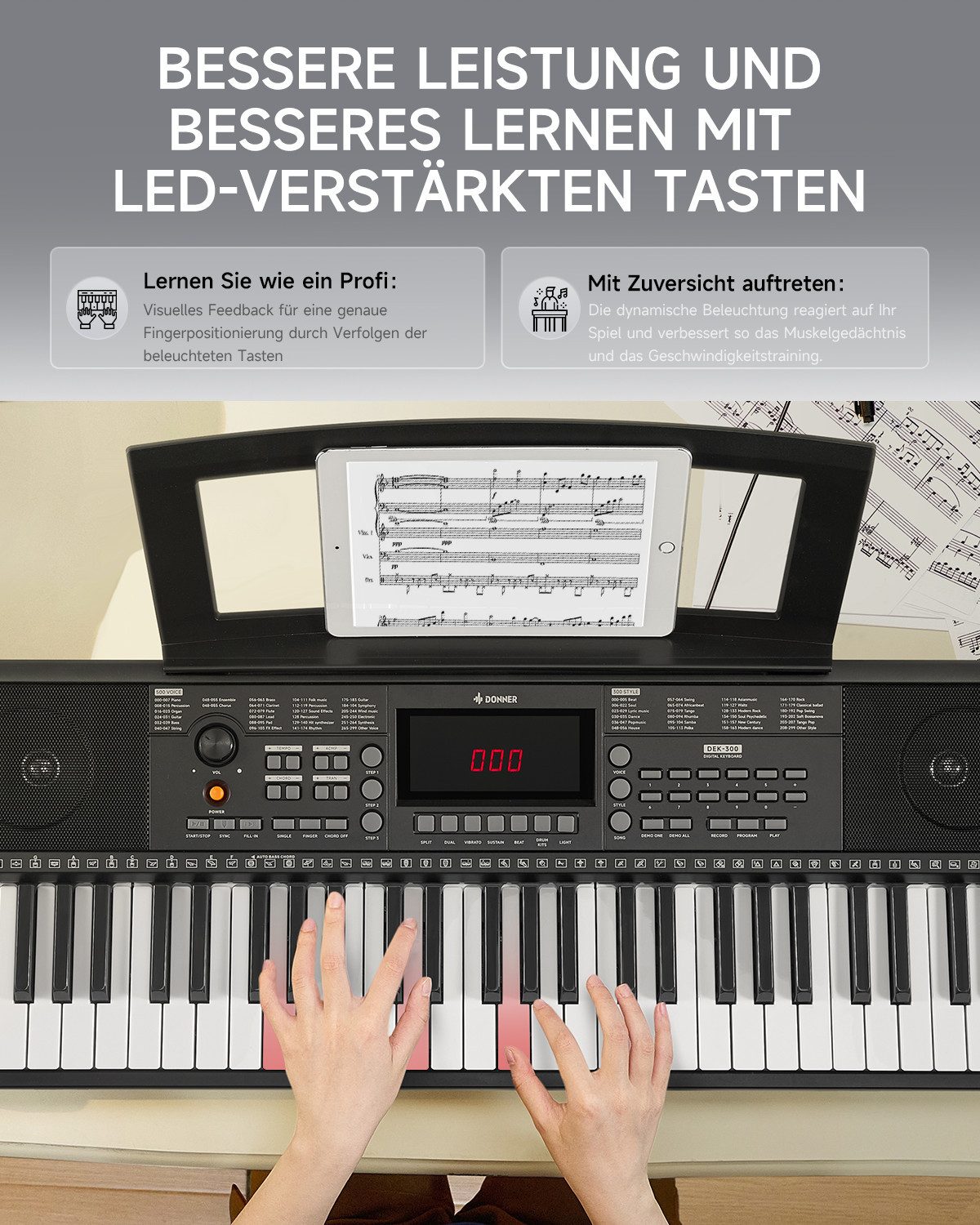 Donner Home-Keyboard E-Piano 61 Tasten mit beleuchteter Tastatur, Hocker & Mikrofon DEK-300 (Set, mit E-Piano, Klavierständer, Klavierhocker, Mikrofon), Dynamische Beleuchtungstasten