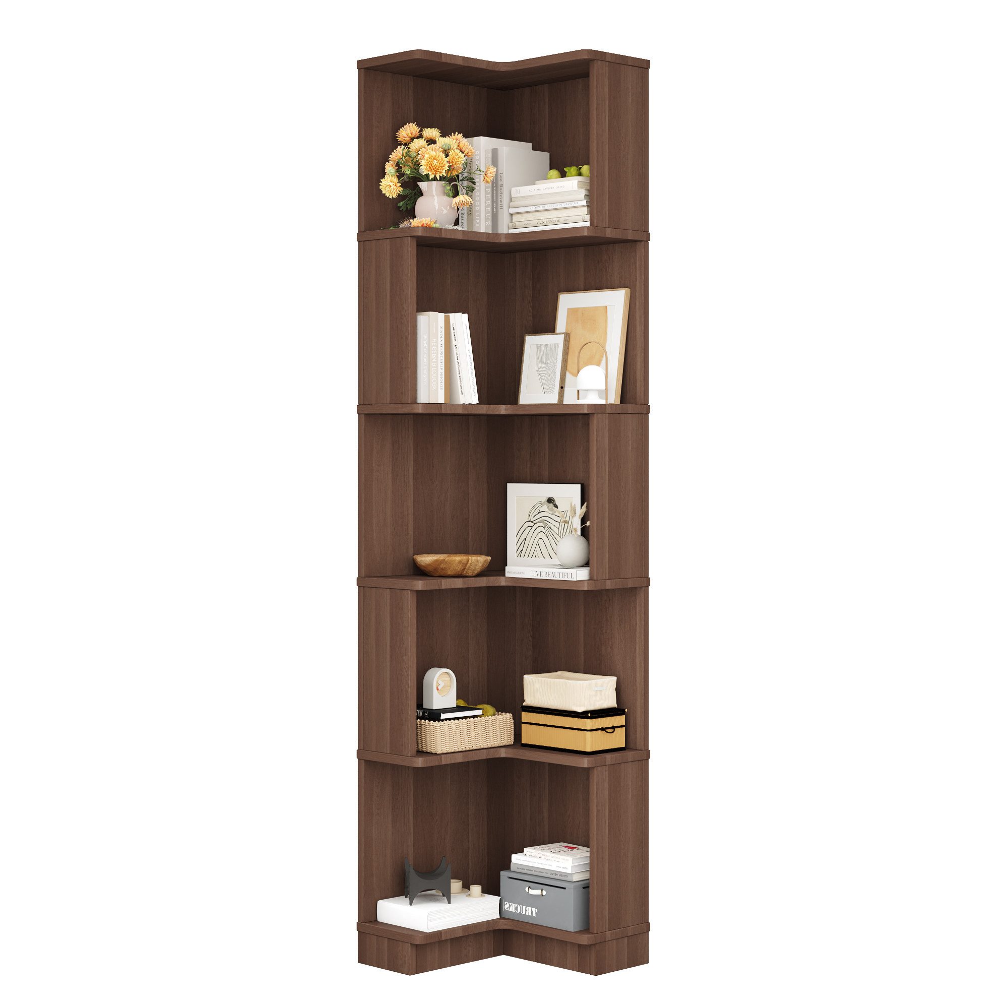 BlingBin Bücherregal Eckregal Standregal Büroregal, mit LED-Farbwechsel-Lichtleiste und 5 Ebenen Stauraum 1-tlg., 63.5L x 45B x 175Hcm, für Wohnzimmer, Badezimmer, Schlafzimmer