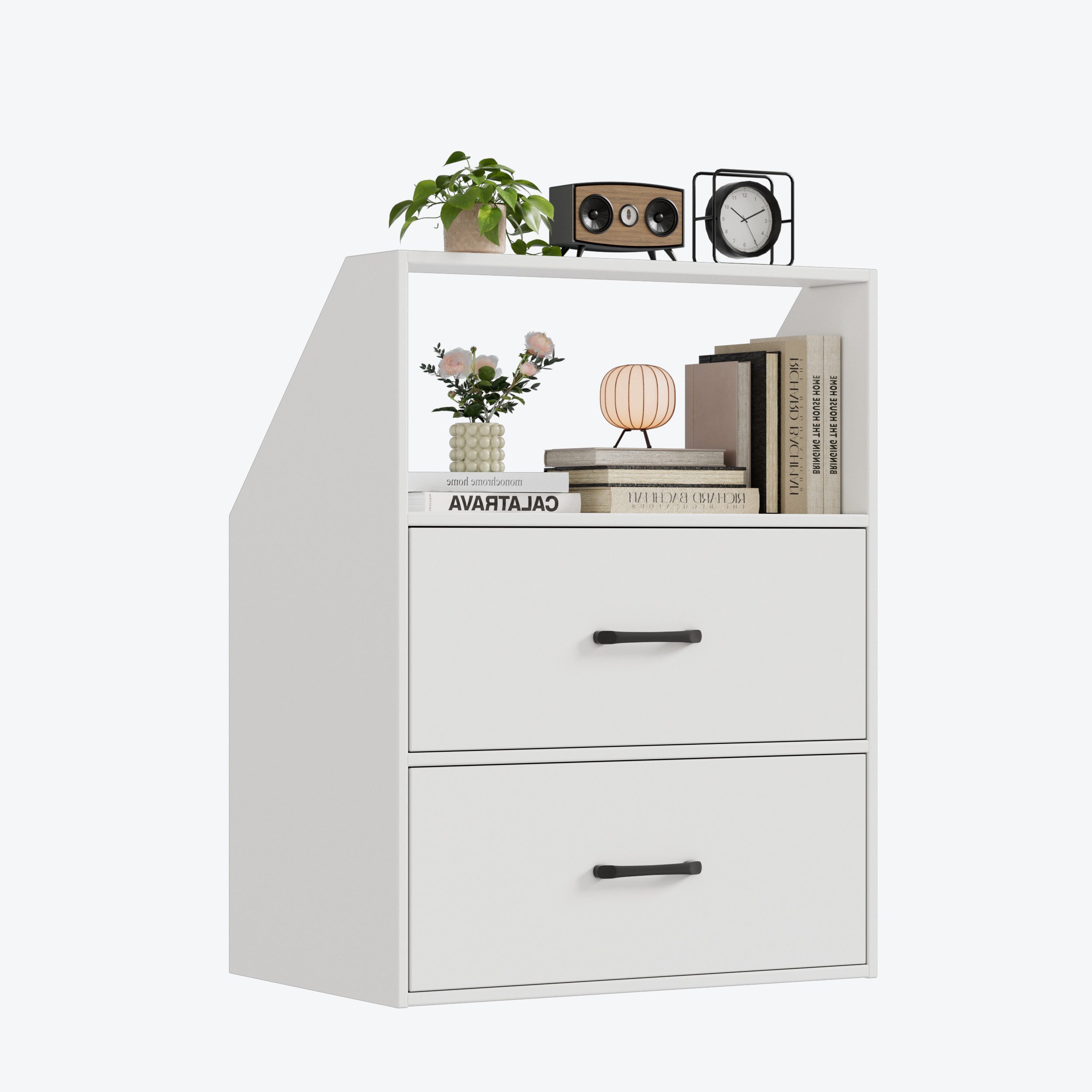 TWSOUL Regal Dachschrägenregal für Dachzimmer, Schrägschrank mit 2 Schubladen & offenem Fach, Weiß, platzsparend