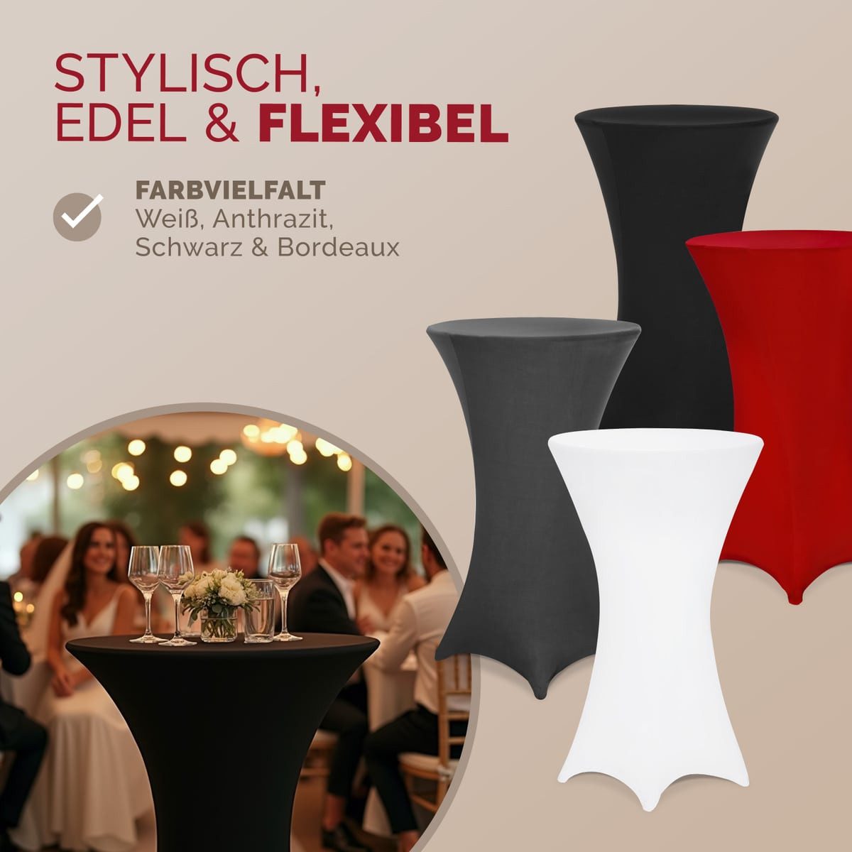 Detex Stehtischhusse, 60cm Schwarz 5er Set Rund Stehtisch Hussen Bezug Überwurf Party Deko