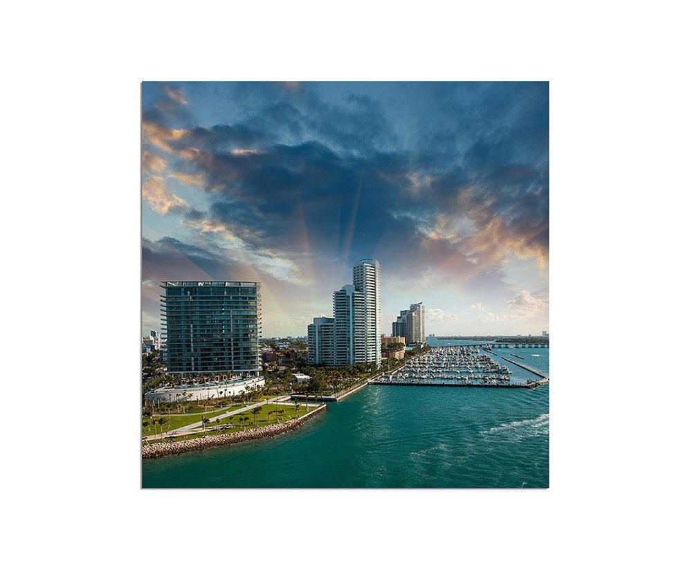 Sinus Art Leinwandbild 80x80cm Miami Gebäude Meer Boote Wolkenhimmel