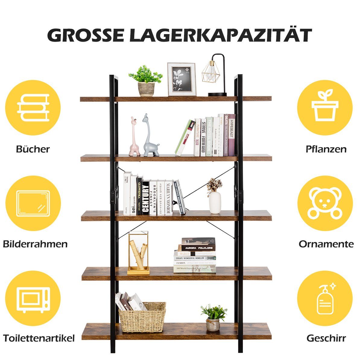 Metallrahmen, COSTWAY Holz, Ebenen, 5 119x32x178cm Standregal,