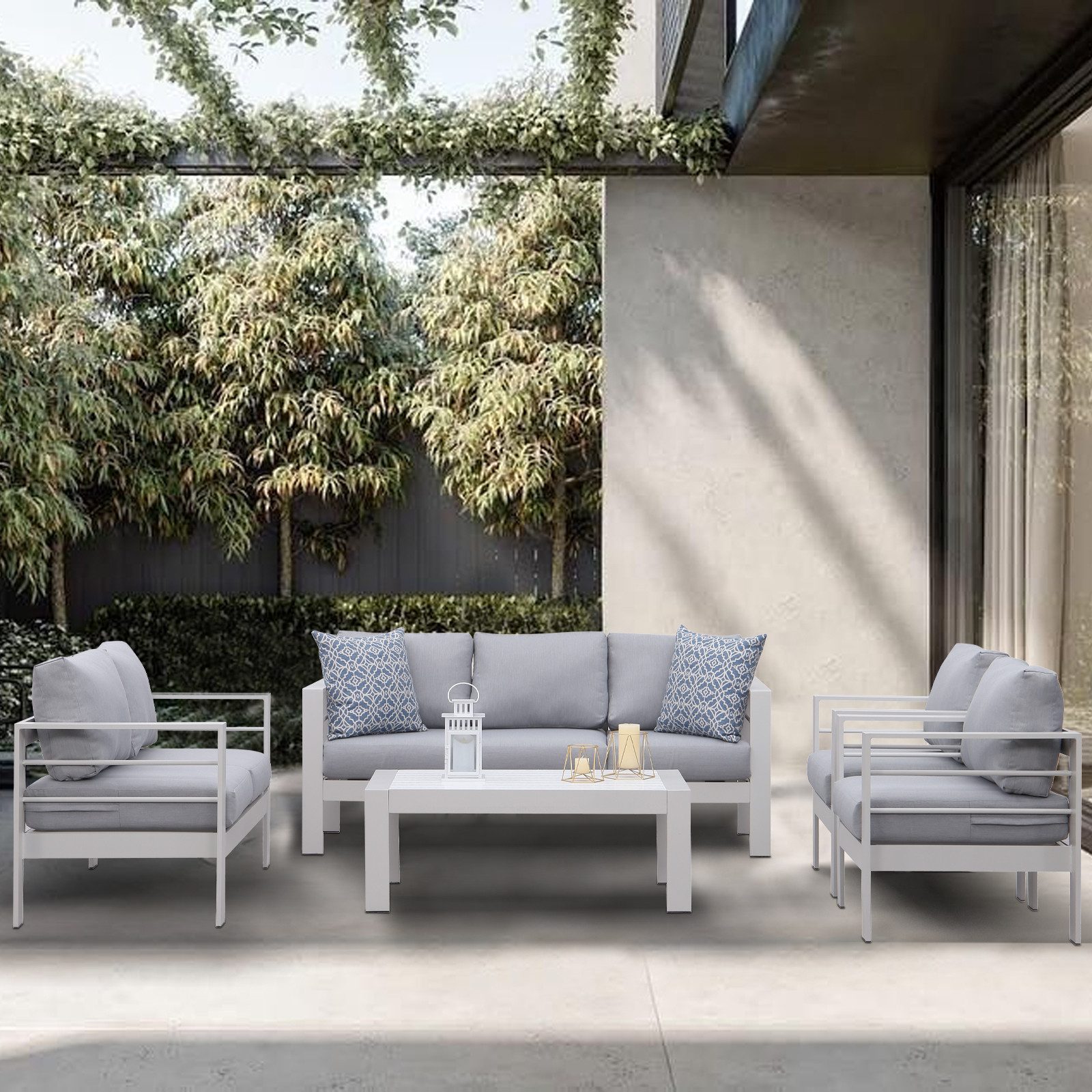 MeXo Gartenlounge-Set Gartenmöbel Set Aluminium Loungeset für Terrasse Balkon, (Set, 1×3-Sitzer Sofa, 1×2-Sitzer Sofa, 2×Sessel, 1×Tisch, 14×Auflagen), wetterfest Sitzgruppe Gartengarnitur für 6-7 Personen