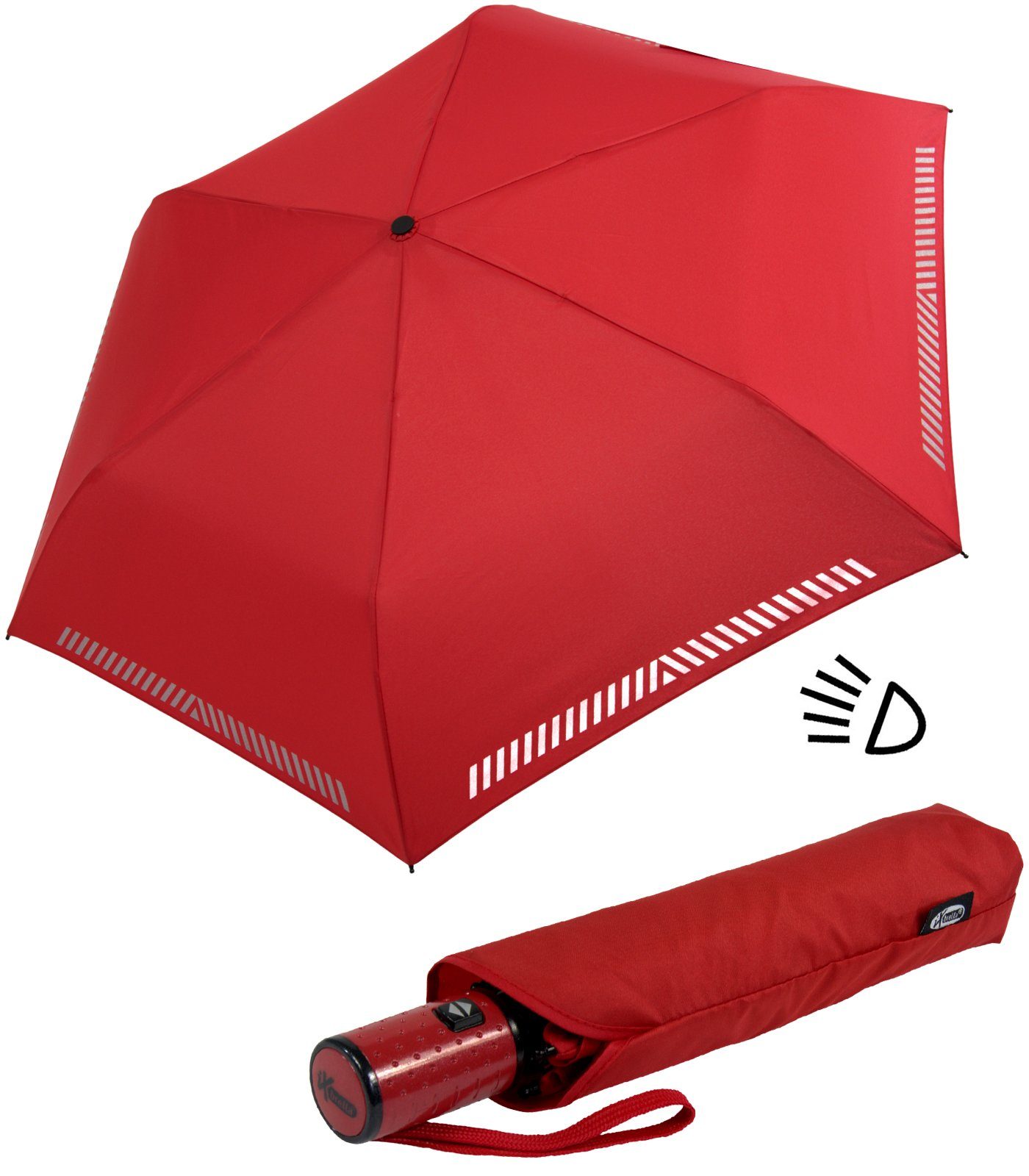 Sicherheit durch iX-brella rot - reflektierend, Taschenregenschirm Reflex-Streifen Kinderschirm Auf-Zu-Automatik, mit