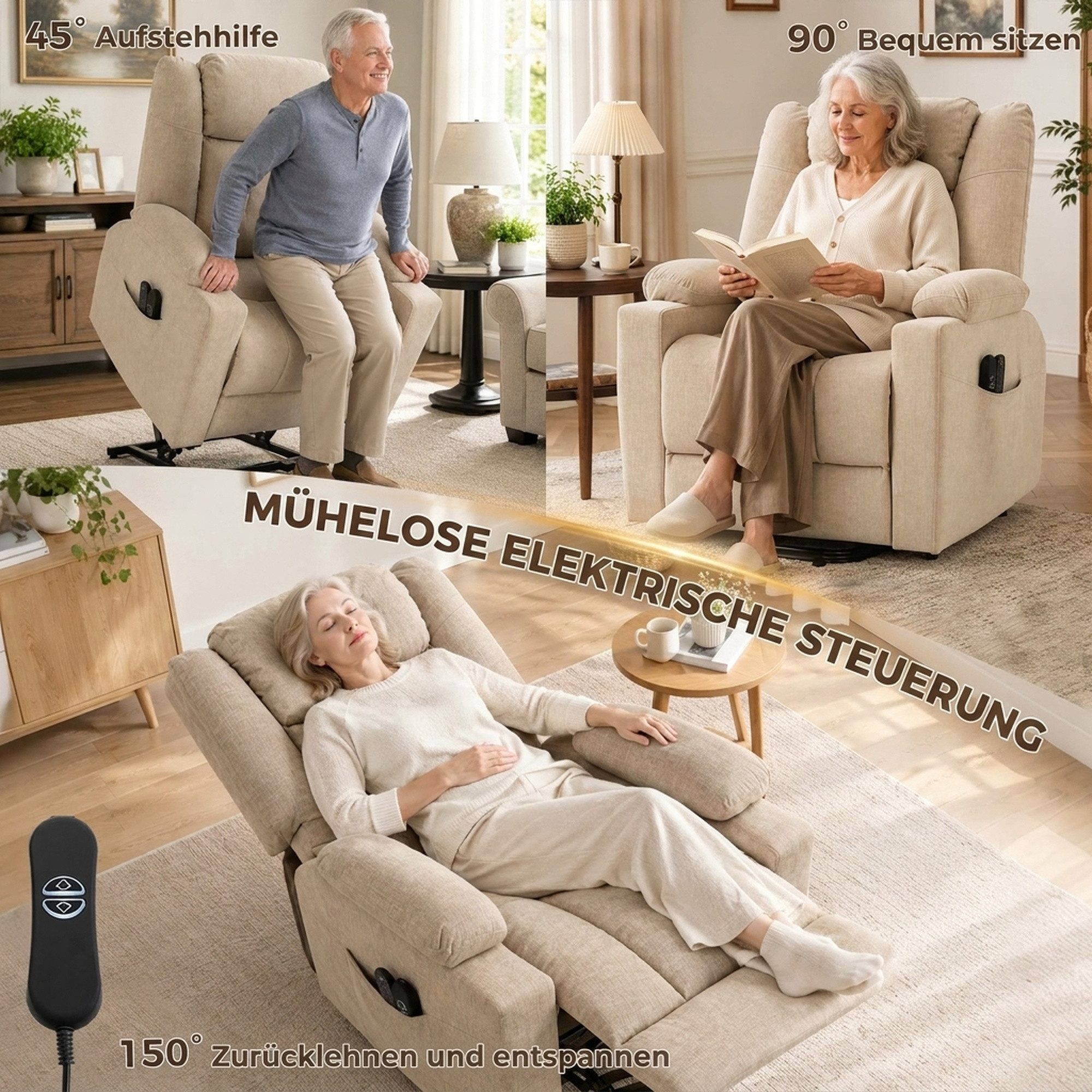 HOMCOM Relaxsessel Fernsehsessel mit Liegefunktion, Vibrationsmassage, Cremeweiß (Set, 1-St., 1), Aufstehhilfe, Massage, Wärme, USB – Bild 4 von 5