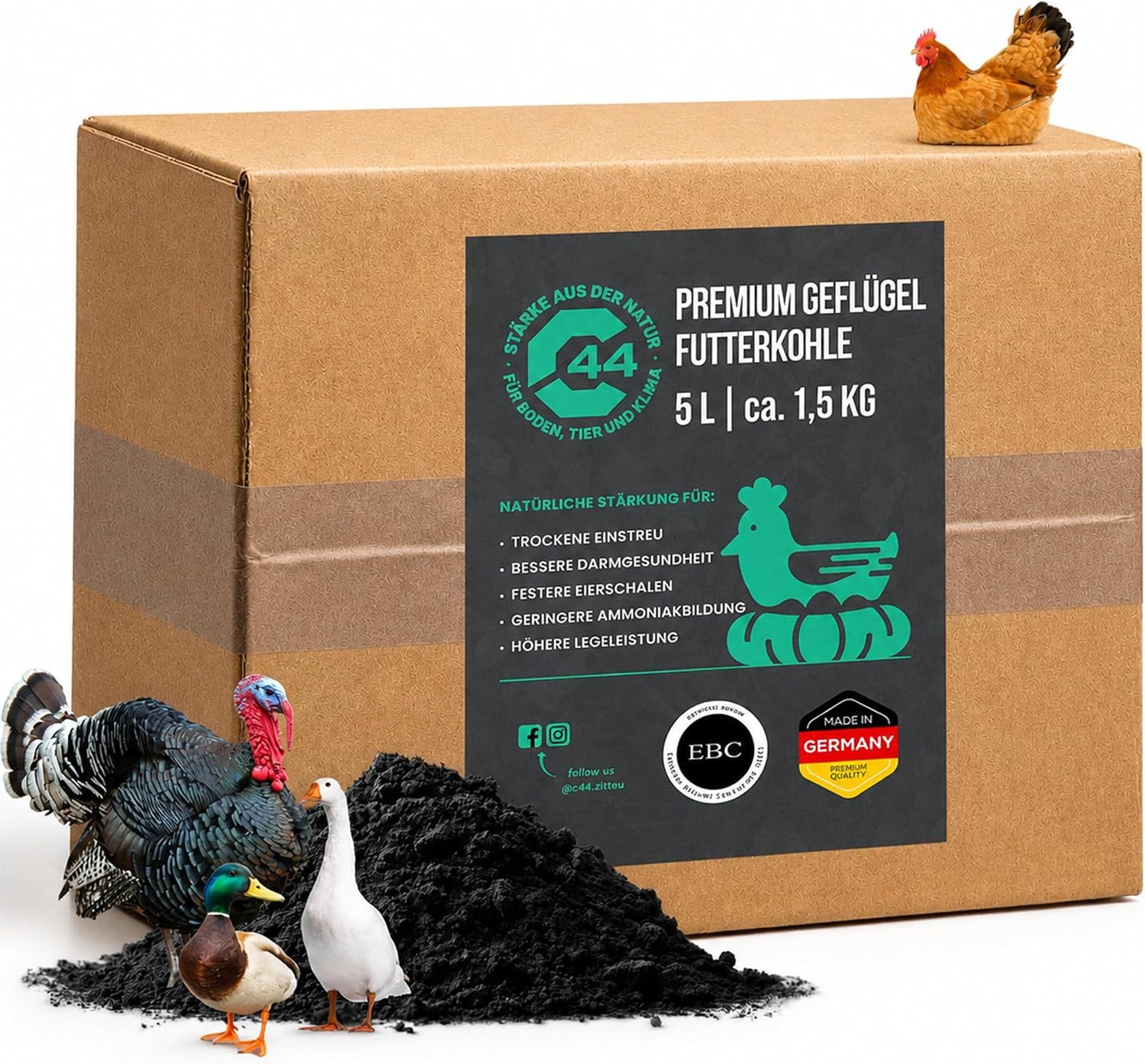 C44-Zittau Futterkohle Hühner Geflügel - EBC zertifiziert, 1,3% Asche, für: Hühner, Geflügel, Geflügelkohle 5L - Darmflora, Stallhygiene & Schadstoffbindung
