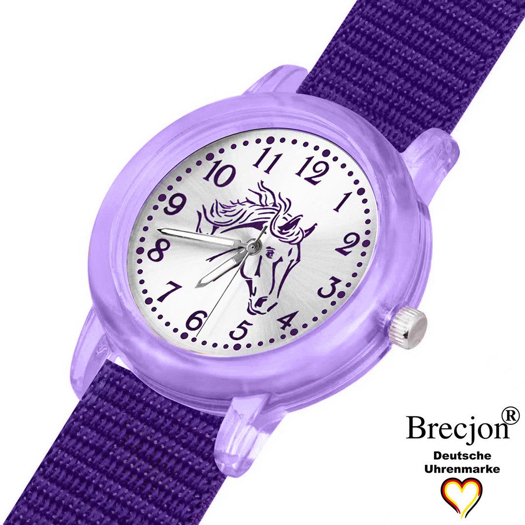 Brecjon Quarzuhr Kinder Armbanduhr Mädchen Pferd violett GRS Klettarmband Leuchtzeiger, ideales Geschenk zur Einschulung für Pferdefans im Set oder einzeln