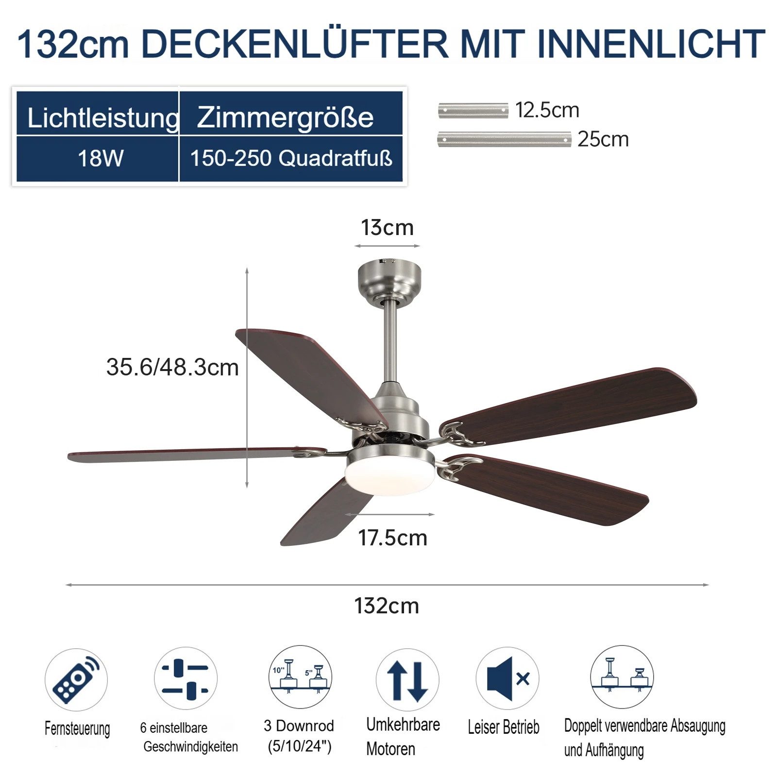 Sofucor Deckenventilator mit Licht und Fernbedienung, DC, 132 cm, 5 doppelfarbige Flügel