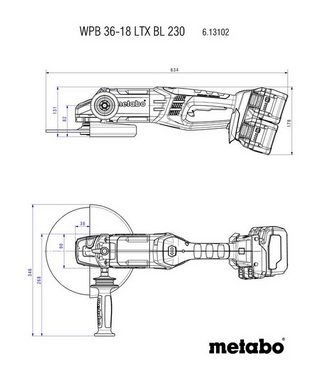 metabo Akku-Winkelschleifer WPB 36-18 LTX BL 230, max. 6600 U/min, 4 x 8 Ah LiHD im Kunststoffkoffer