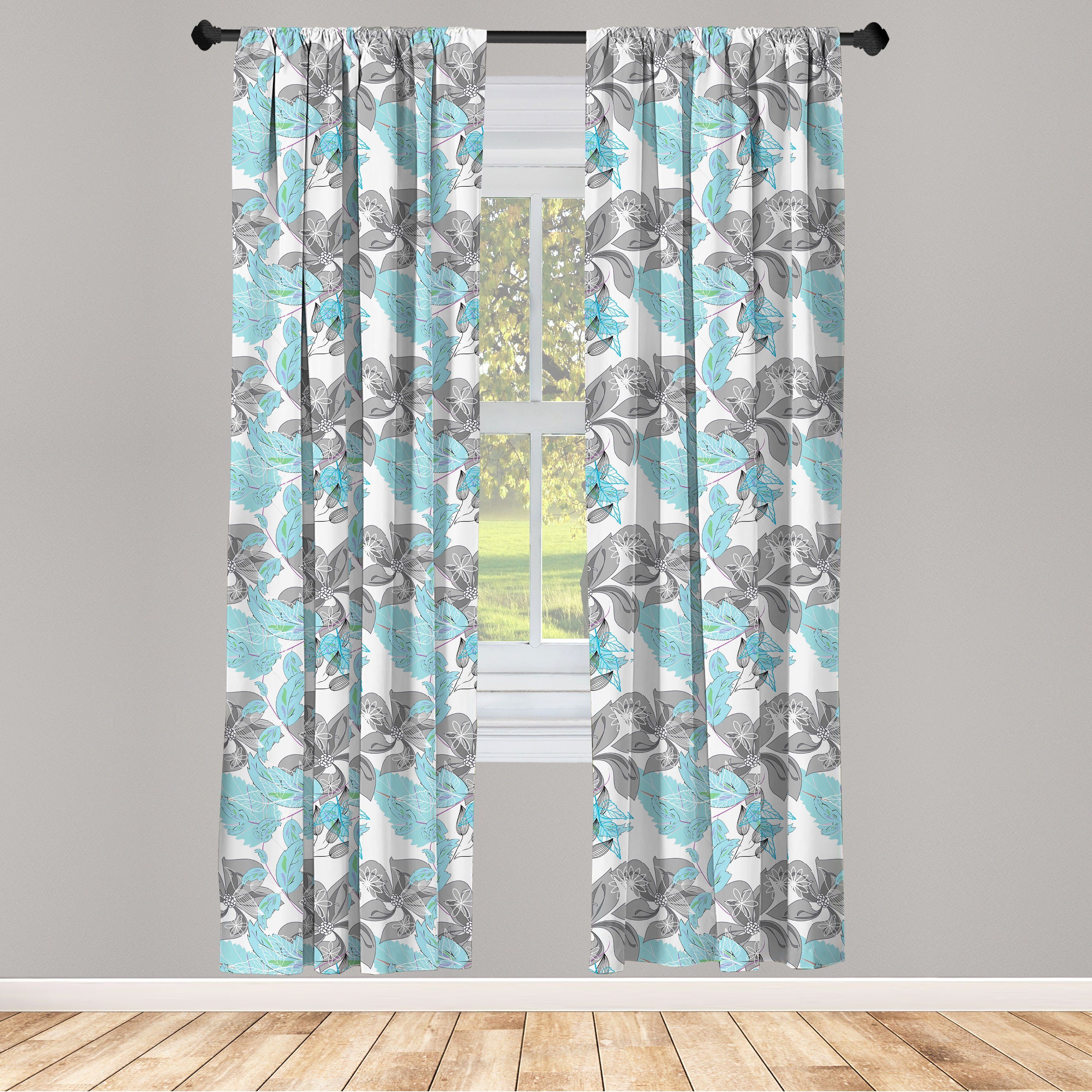 Gardine Vorhang für Wohnzimmer Schlafzimmer Dekor, Abakuhaus, Microfaser, Grau Blau Blumen und Laub