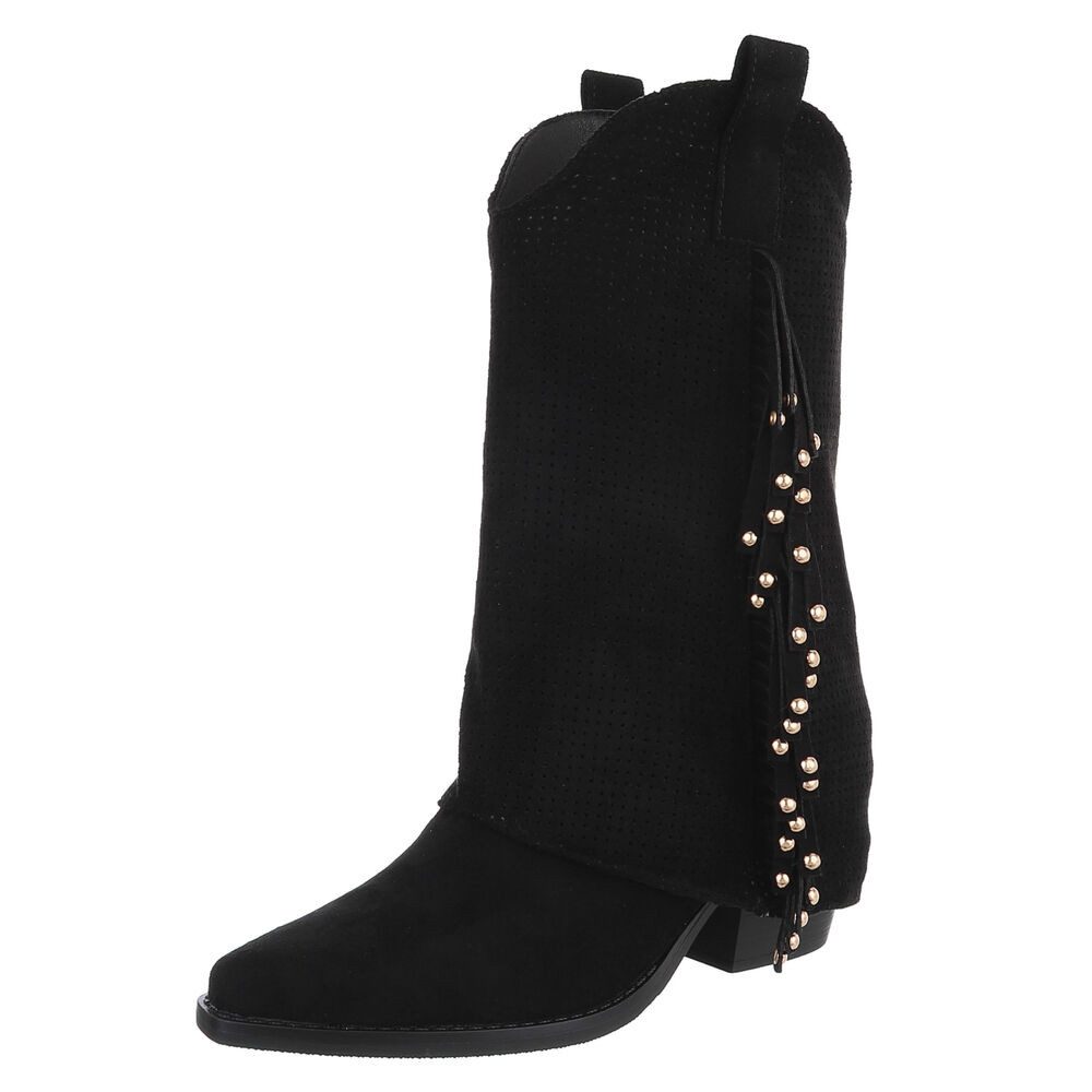 Ital-Design Damen Boots mit Fransen und perforiertem Design Westernstiefel (91154624) Blockabsatz Stiefel in Schwarz