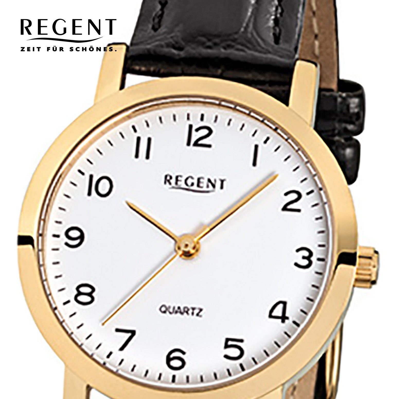 Regent Damen-Armbanduhr Quarzuhr ionenplattiert (ca. Damen Regent rund, 28mm), Armbanduhr klein Lederarmband, schwarz Gehäuse Analog, gold