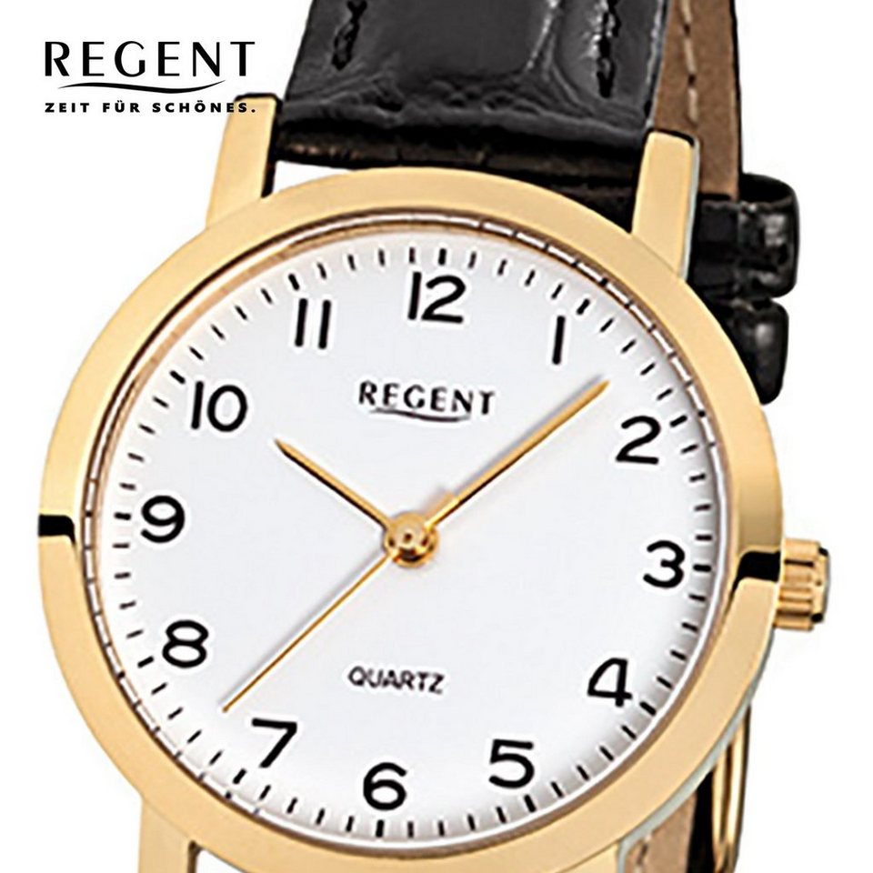 Regent Quarzuhr Regent Damen-Armbanduhr schwarz Analog, Damen Armbanduhr  rund, klein (ca. 28mm), Lederarmband, Gehäuse ionenplattiert gold