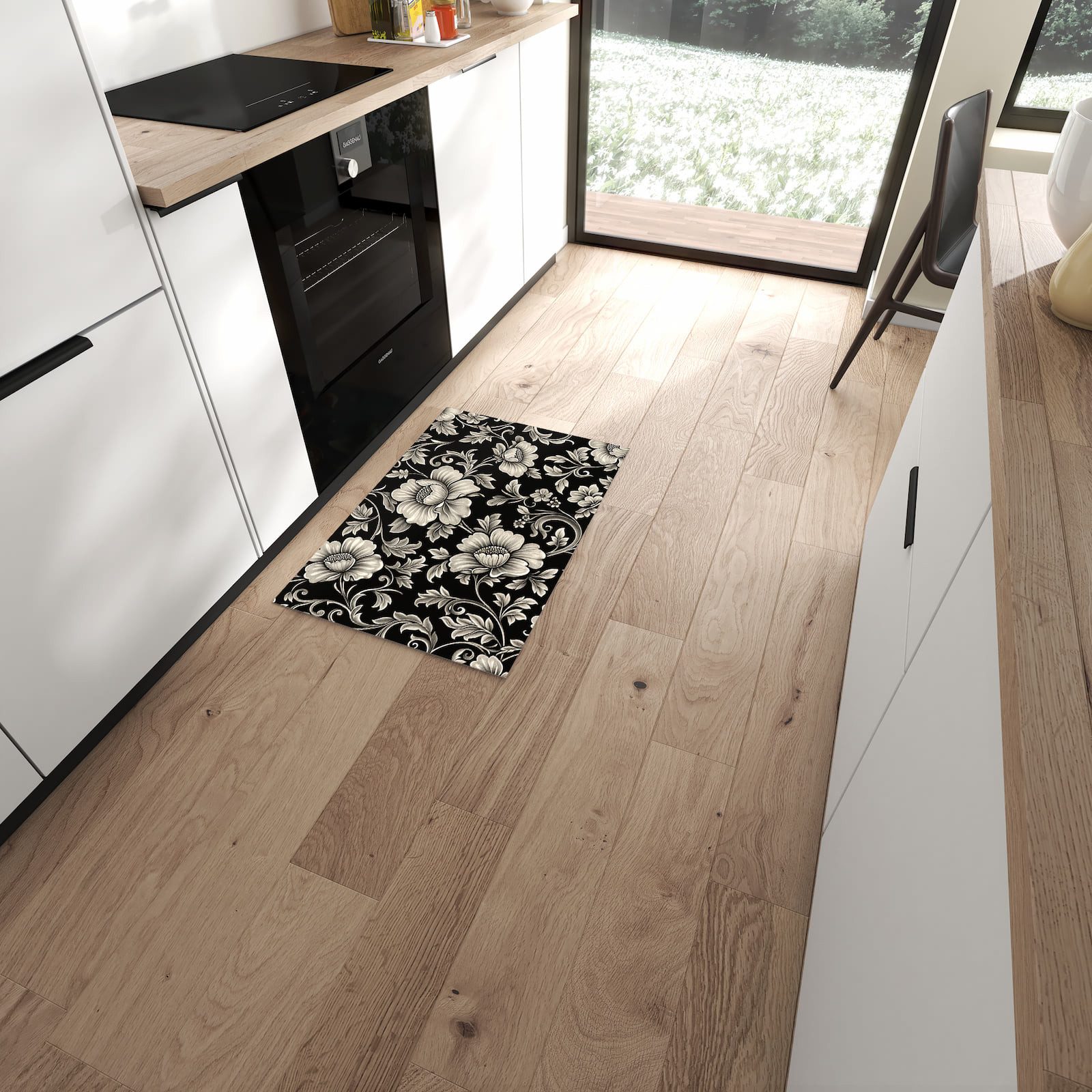 Primedeco Teppich Küchenteppich Blumenmuster Schwarz PVC rutschfest abwasch günstig online kaufen