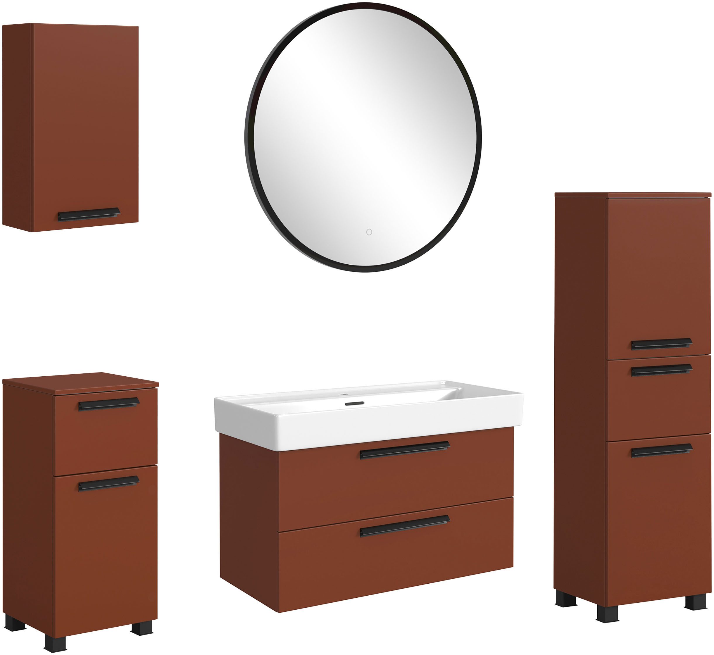 welltime Badmöbel-Set SALVADA, 5tlg-Set, gedämpfte Scharniere, Softclose, Keramikbecken, (Maße (B/T/H): 180/47,5/200 cm), Rot, Keramikbecken 1 od. 2 Armaturlochbohrungen