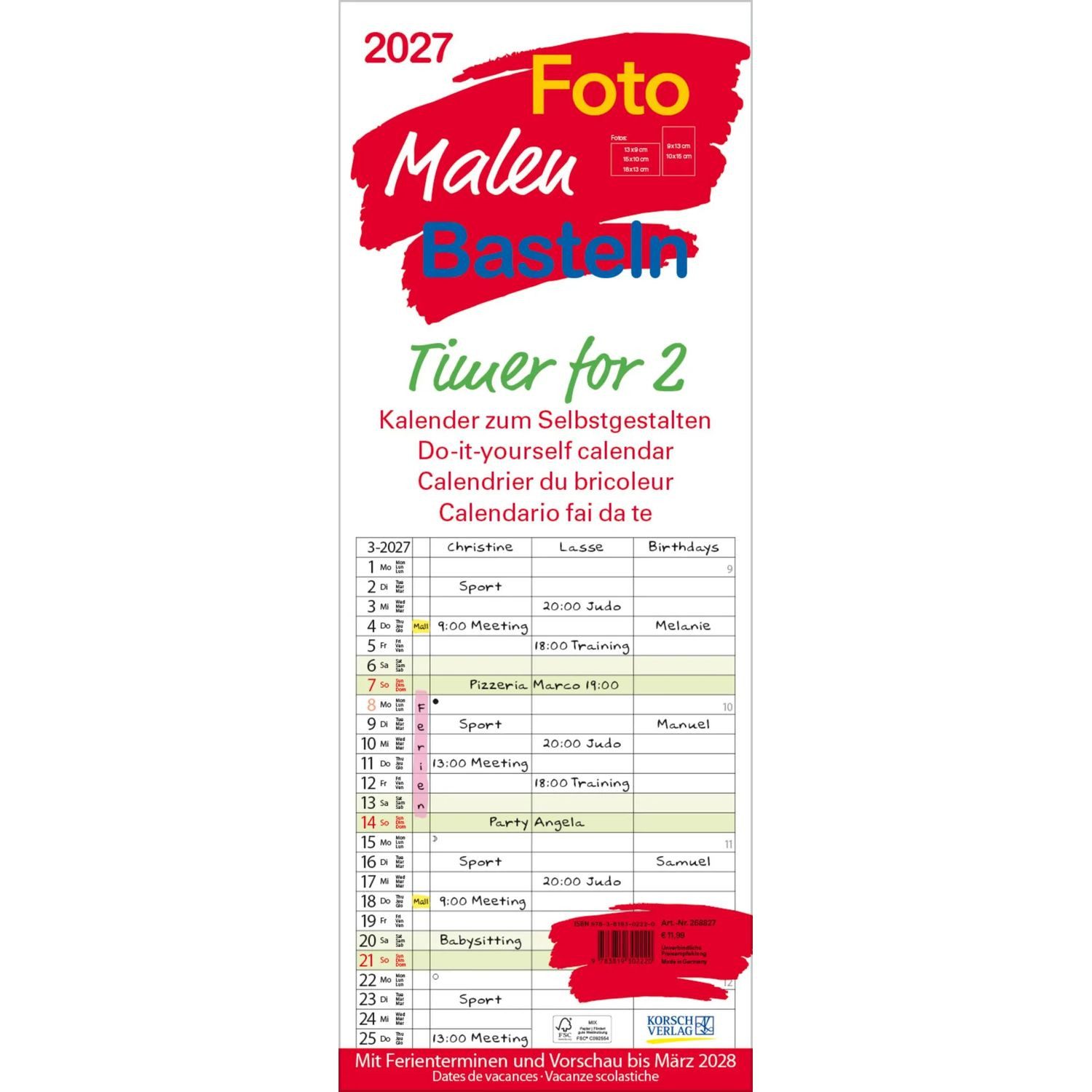 Korsch Verlag Wandkalender Foto-Malen-Basteln Timer for 2 2027