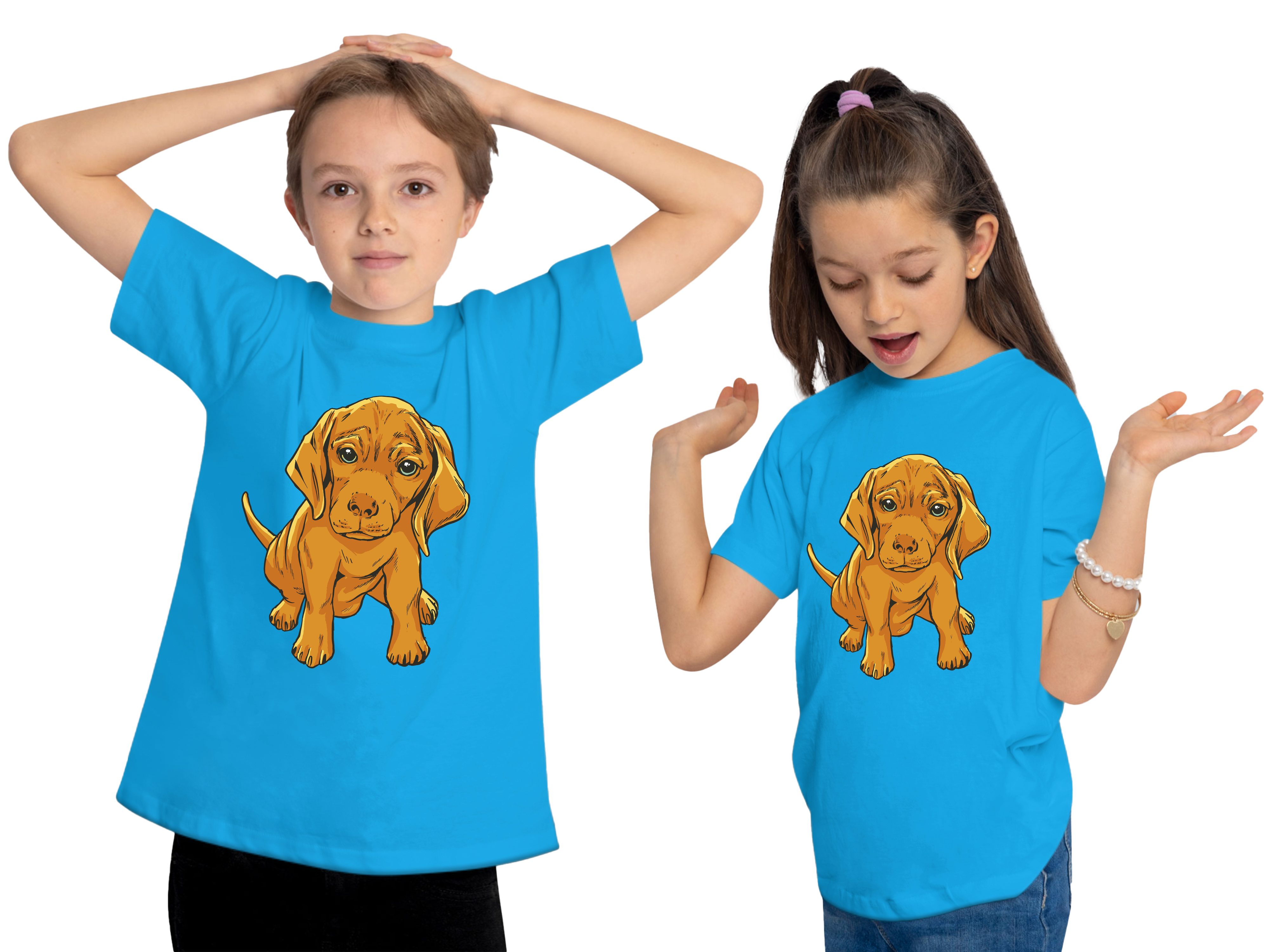 blau i230 Hunde aqua Welpe bedruckt T-Shirt mit Aufdruck, Baumwollshirt Kinder MyDesign24 Süßer - Print-Shirt