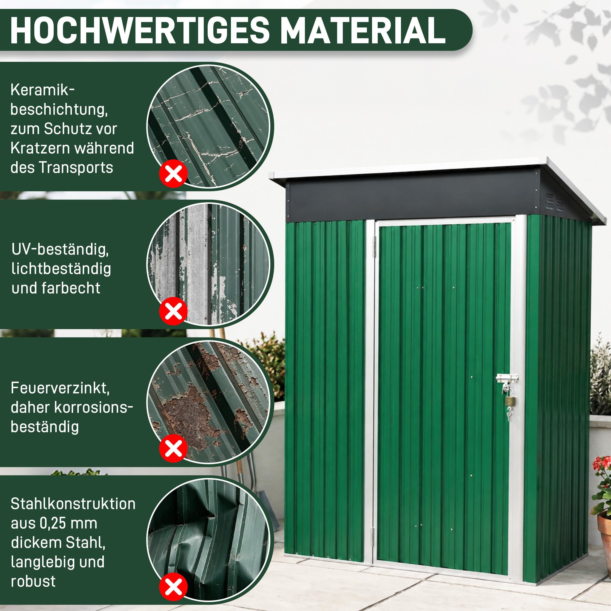 FIVMEN Gerätehaus Metall Geräteschuppen mit Pultdach & Tür Gartenschuppen, BxT: 180x117 cm, abschließbar für Hinterhof, Terrasse, Rasen Schwarz/Grün
