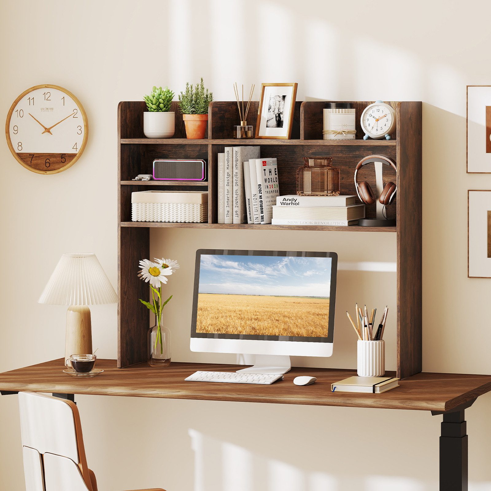 COSTWAY Regal-Schreibtisch, Aufsatzregal mit 6 Ablagen, Holz 94x24x85cm günstig online kaufen