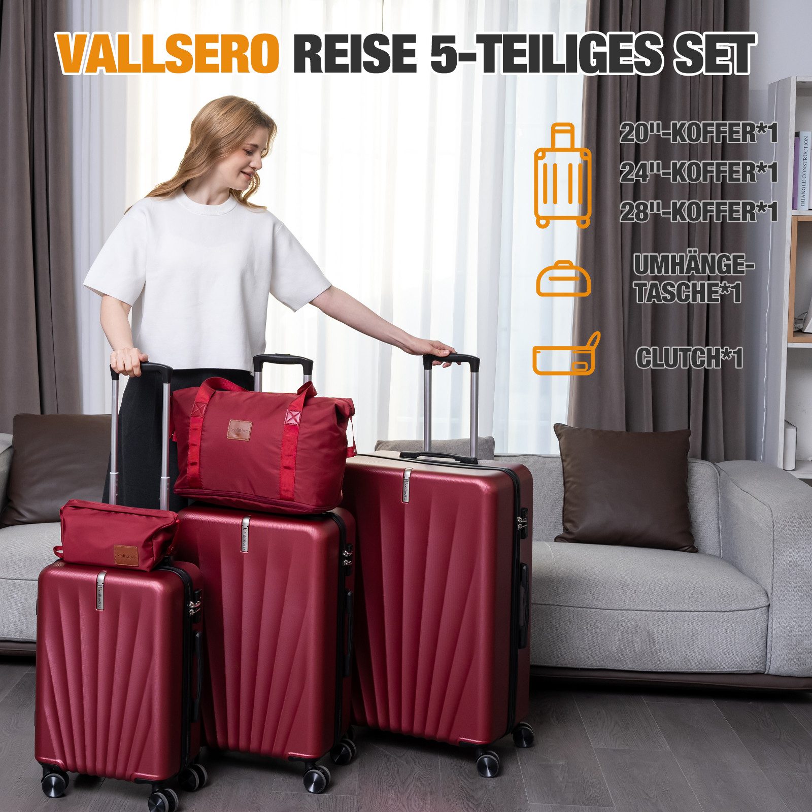 VALLSERO Trolleyset M-L-XL-Set, Gepäck mit Kosmetiktasche, Hartschalen-Koffer, 5-teiliges Set, hochfestes ABS-Gehäuse, 360° geräuschloses Rad
