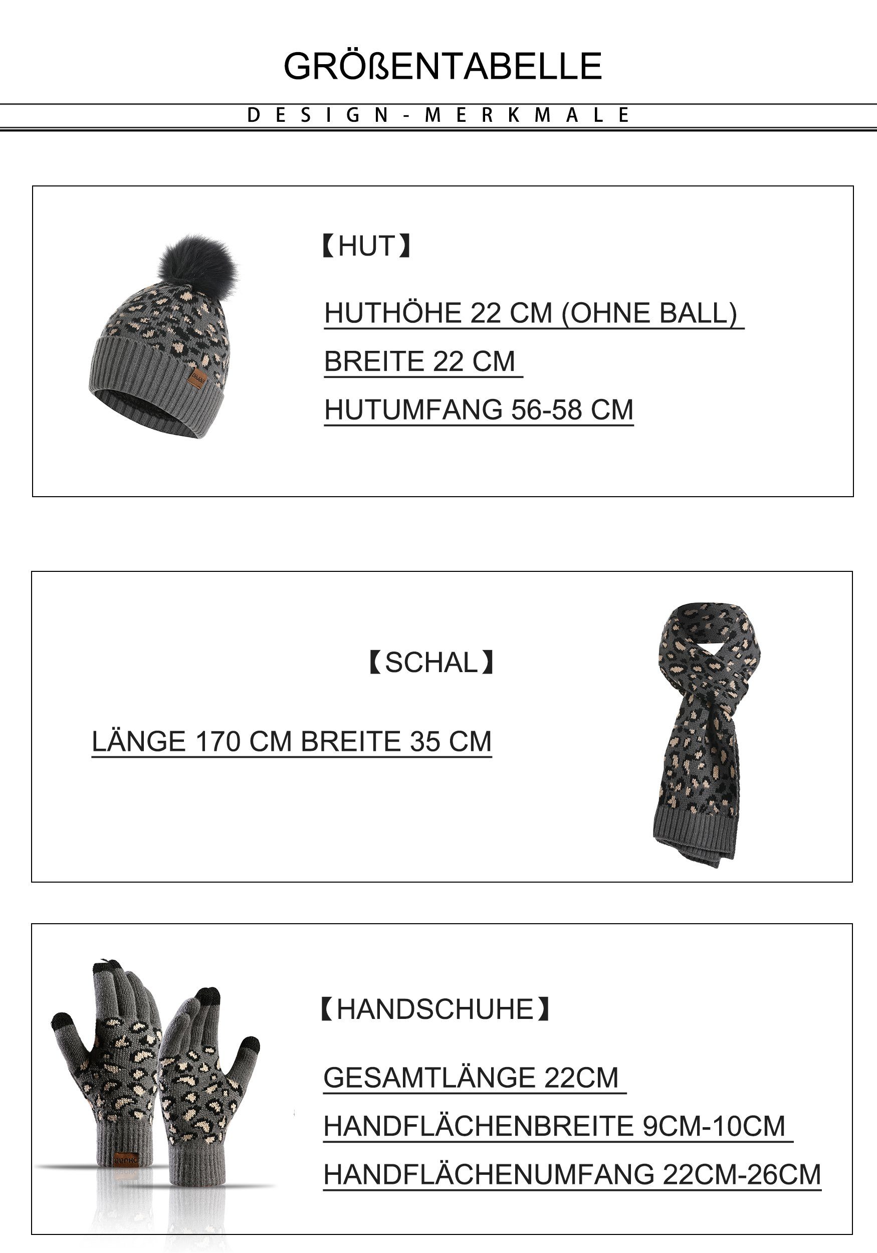 MAGICSHE Mütze & Schal Leopardenmuster Set Schwarz Handschuhe Schal