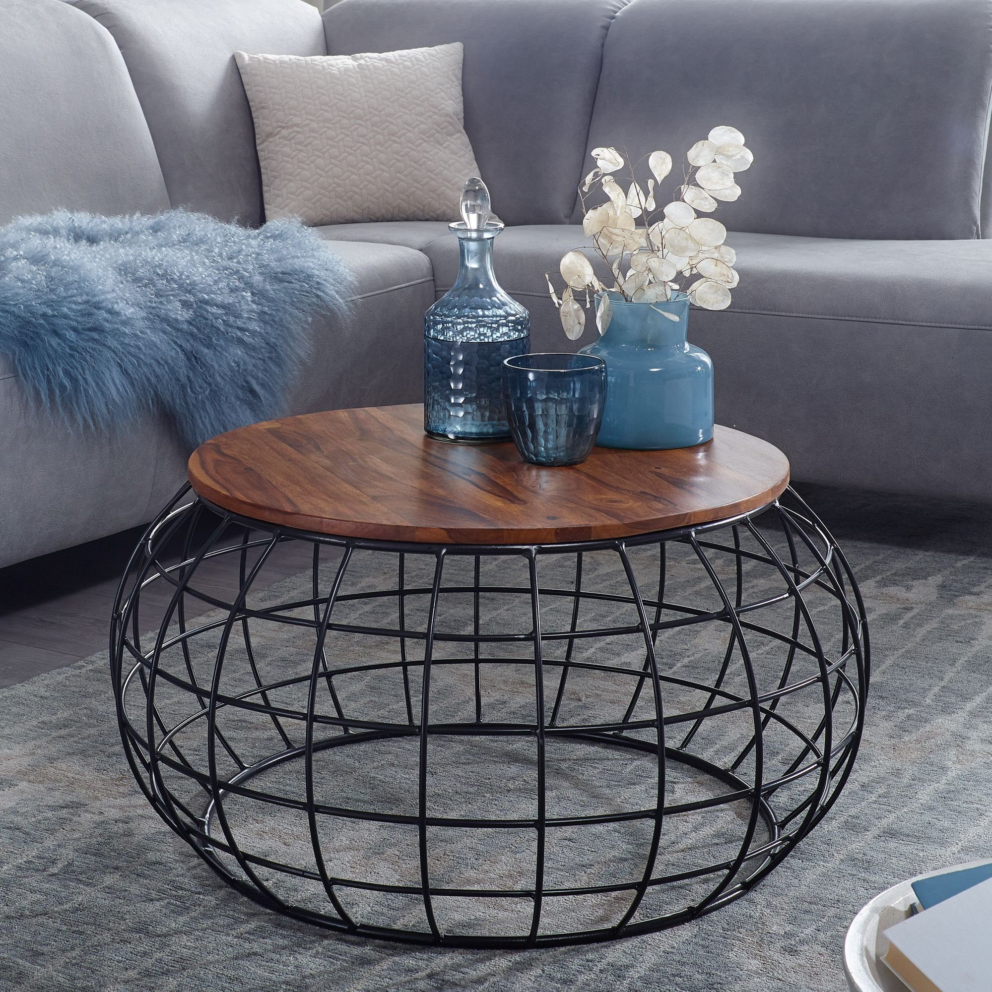 FINEBUY Couchtisch »FB58513«, Sofatisch Sheesham Massivholz / Metall 77